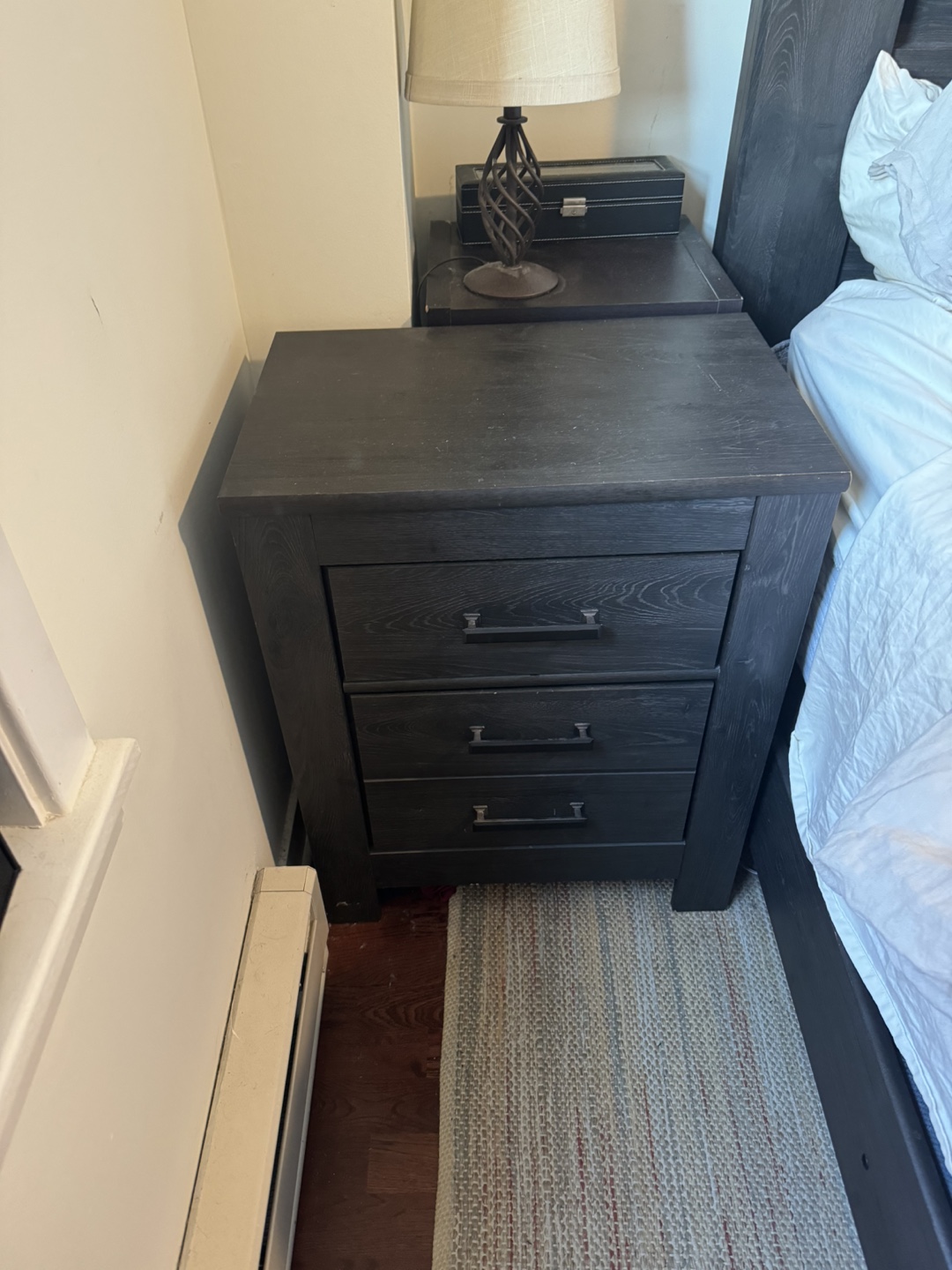 Black Wood Nightstand with 3 Drawers