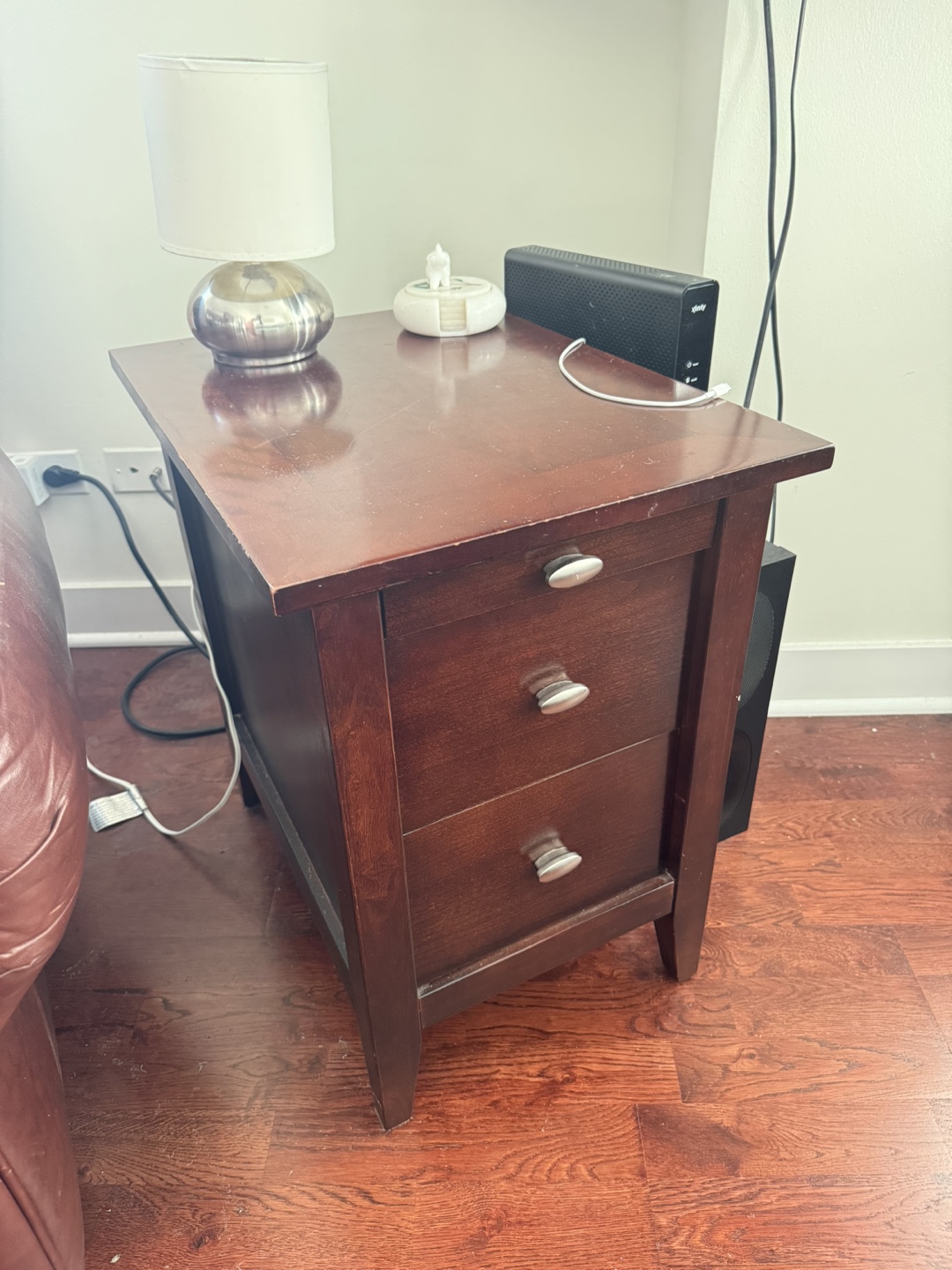 Two Brown Wood Side Tables with Drawer
