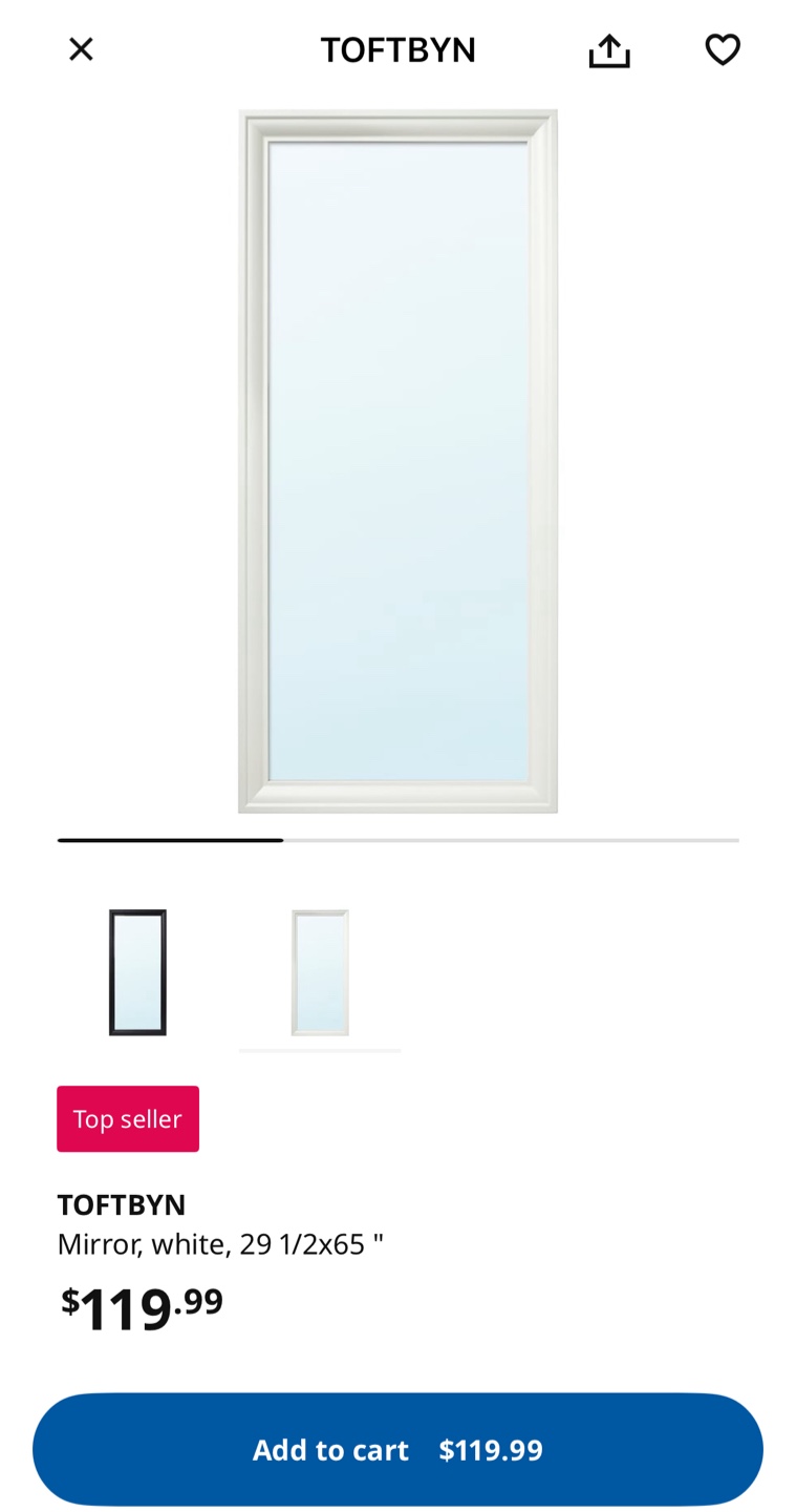 IKEA TOFTBYN White Mirror (29 1/2x65")