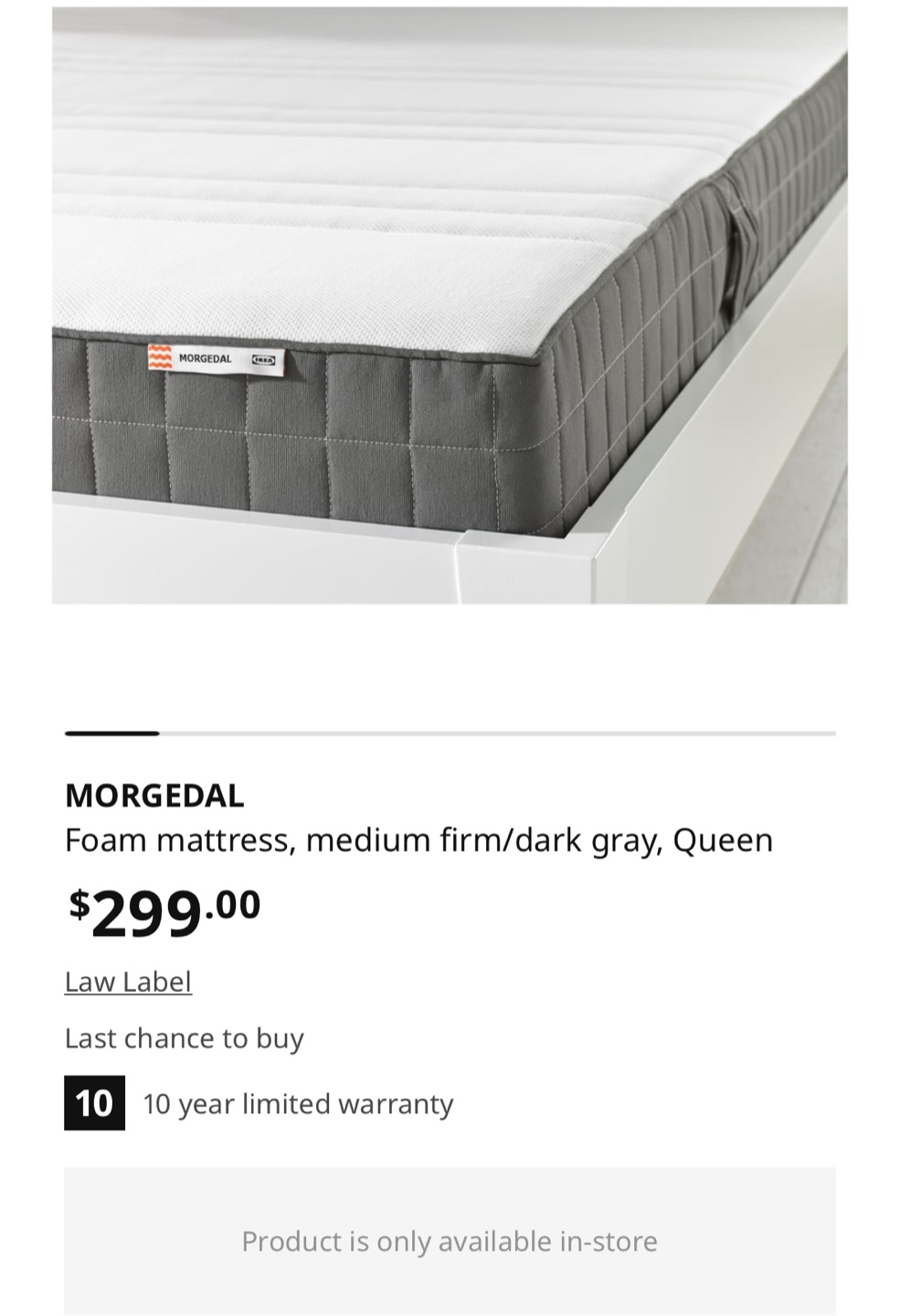 IKEA Morgedal Queen Mattress - Medium Firm, Dark Gray