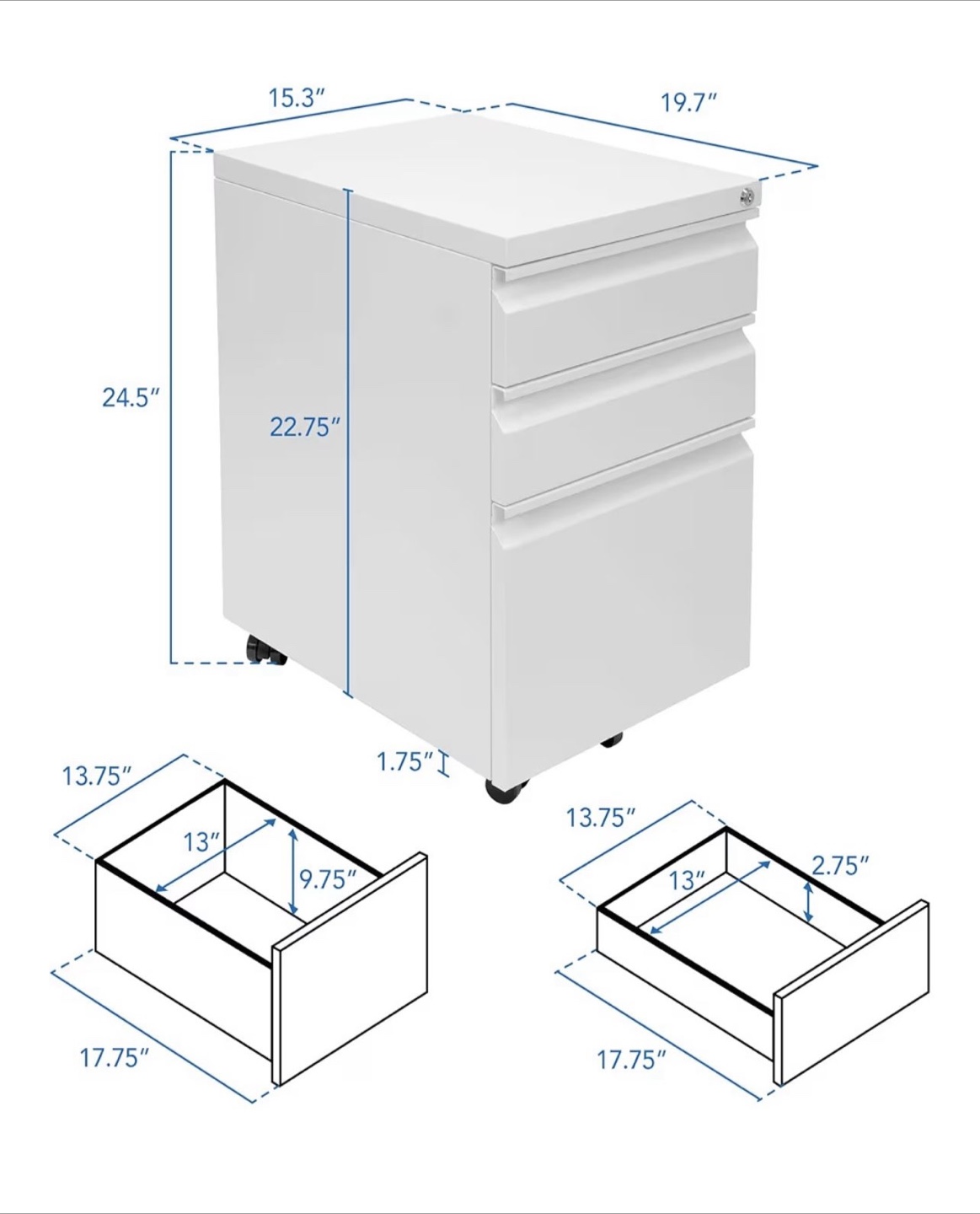 White Metal 3-Drawer Rolling File Cabinet - photo 5