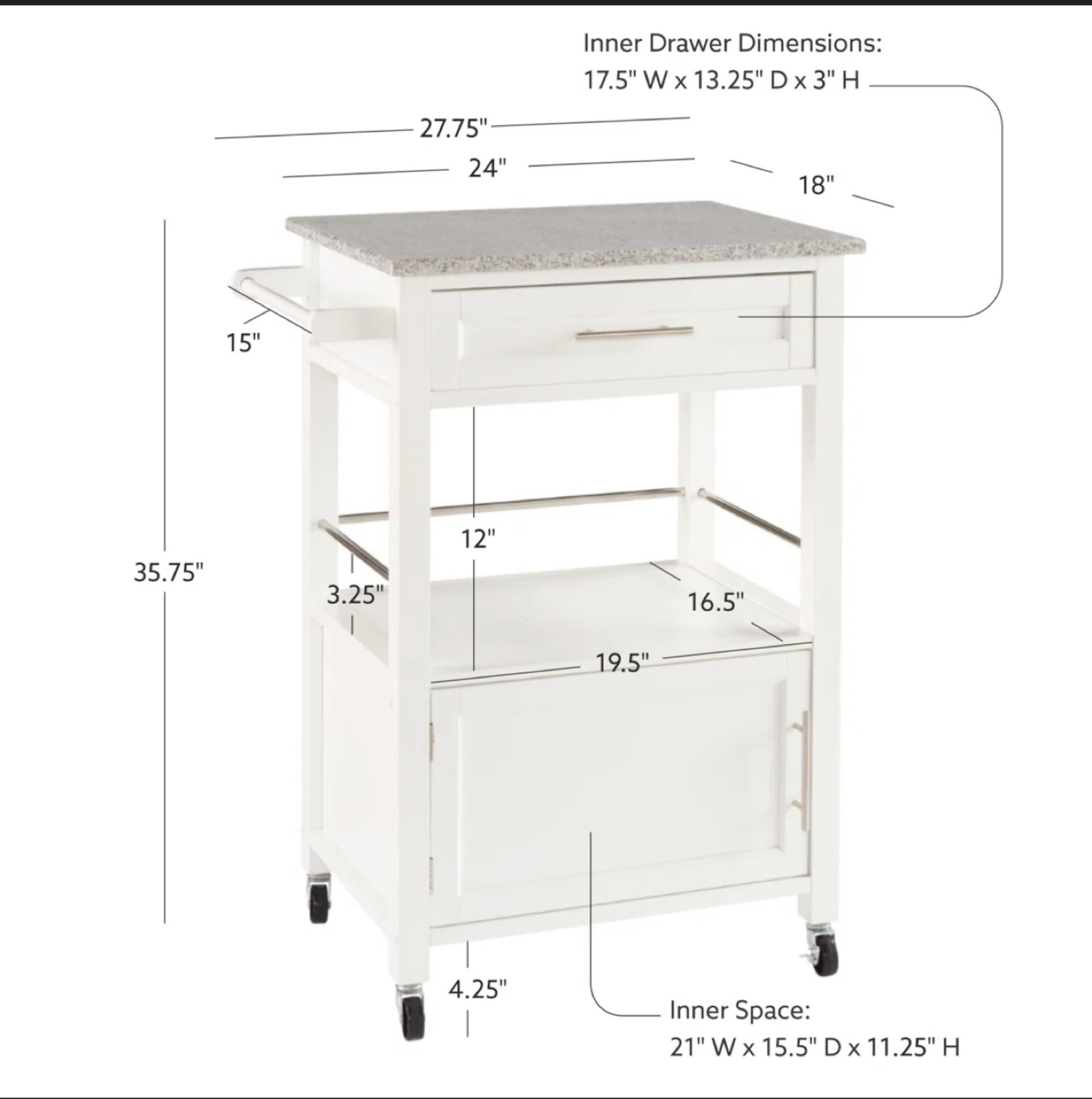 White Rolling Kitchen Island with Granite Top - photo 3