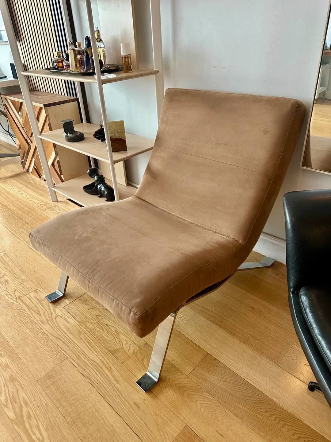 MODERN CHROME & TAN SUEDE LOUNGE CHAIR lounger thumbnail