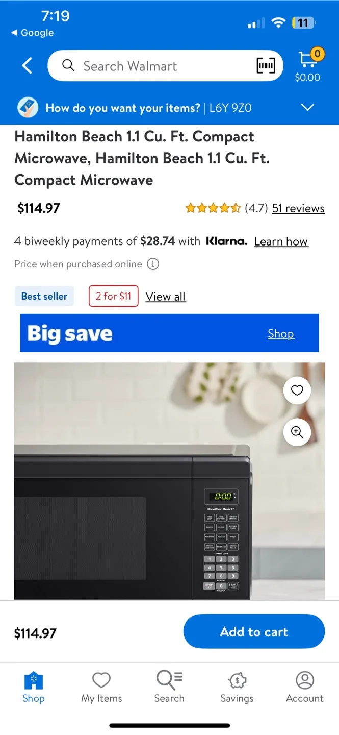 Hamilton Beach 1.1 Cu. Ft. Compact Microwave thumbnail
