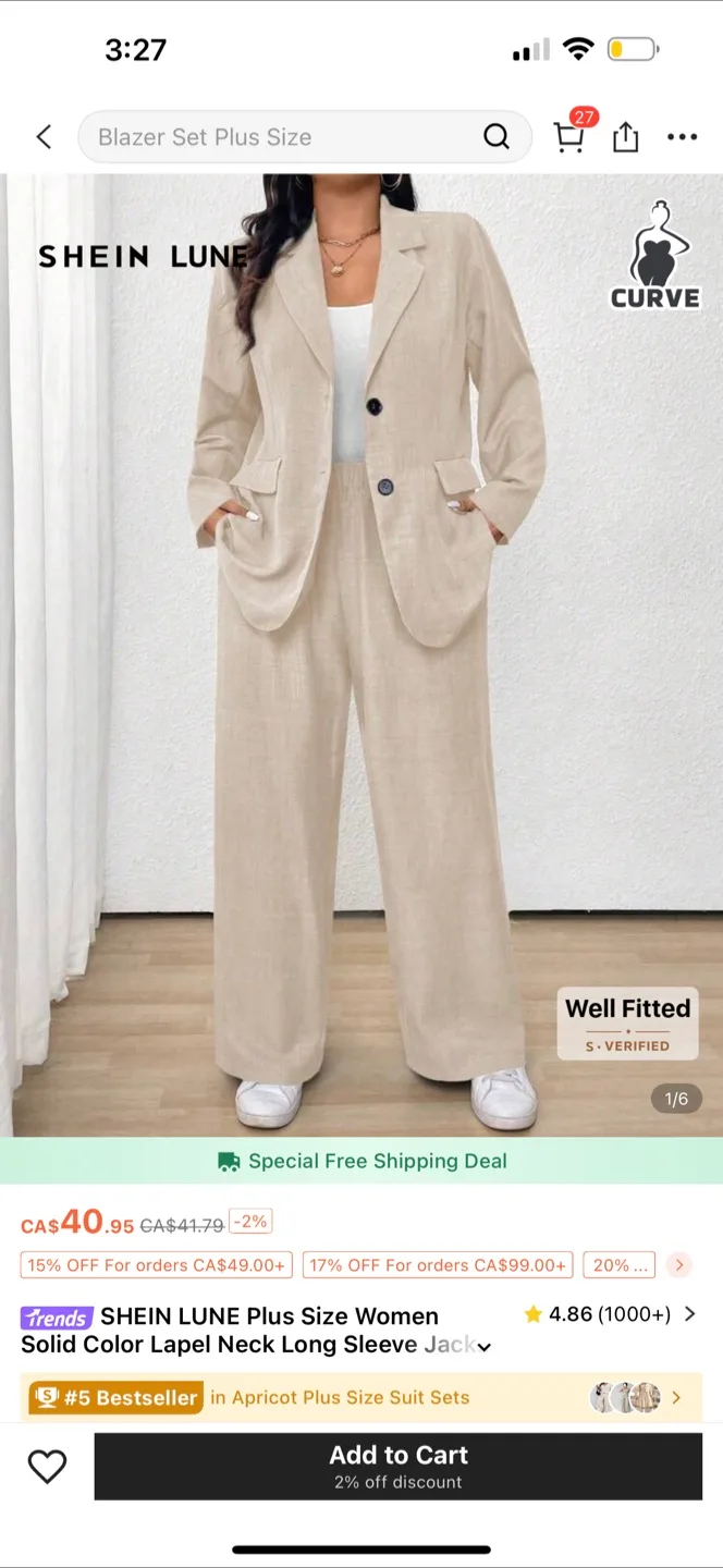 SHEIN LUNE Plus Size Blazer Set - Apricot thumbnail