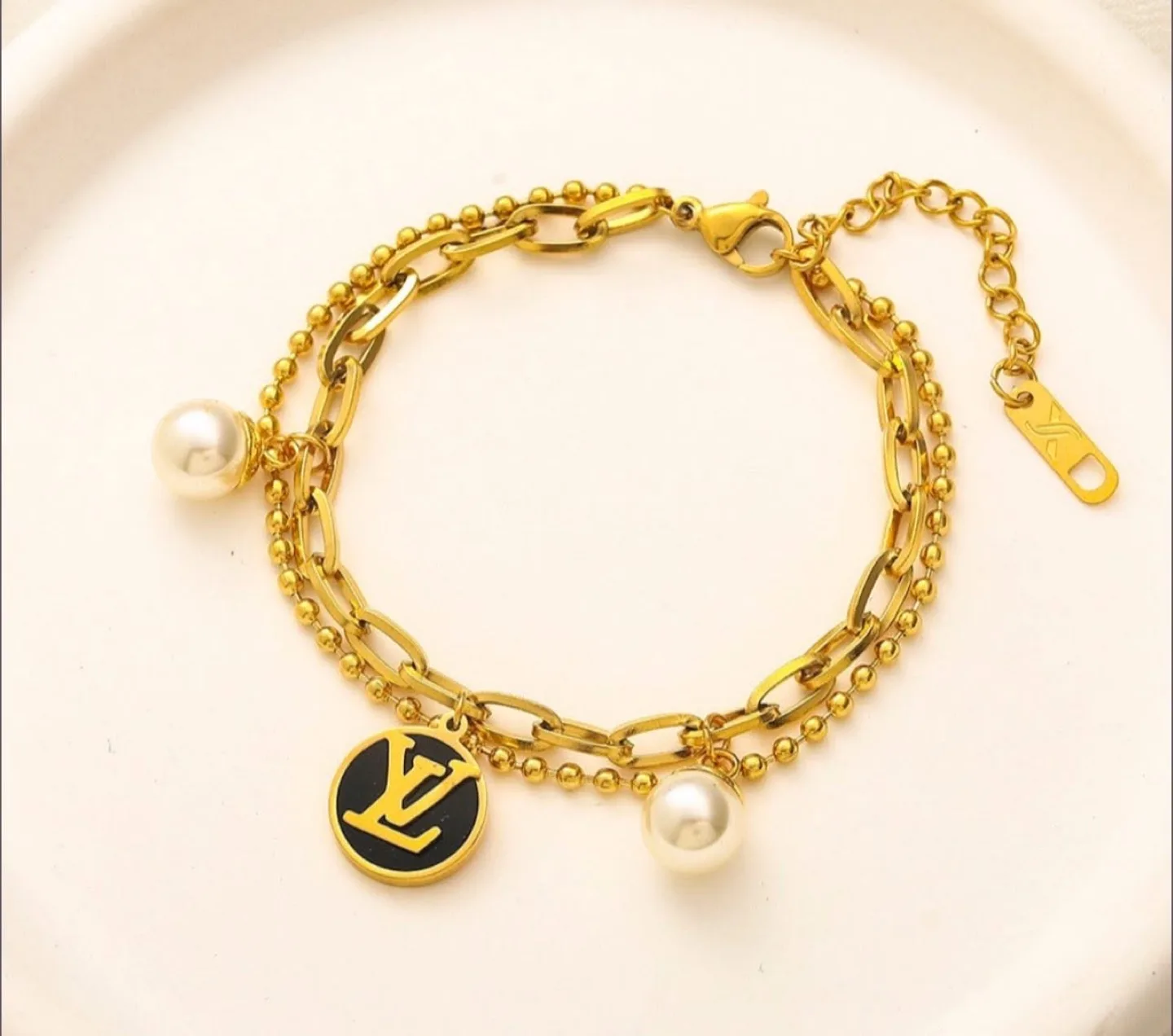 Gold Chain Bracelet with Pearl and LV Charm thumbnail
