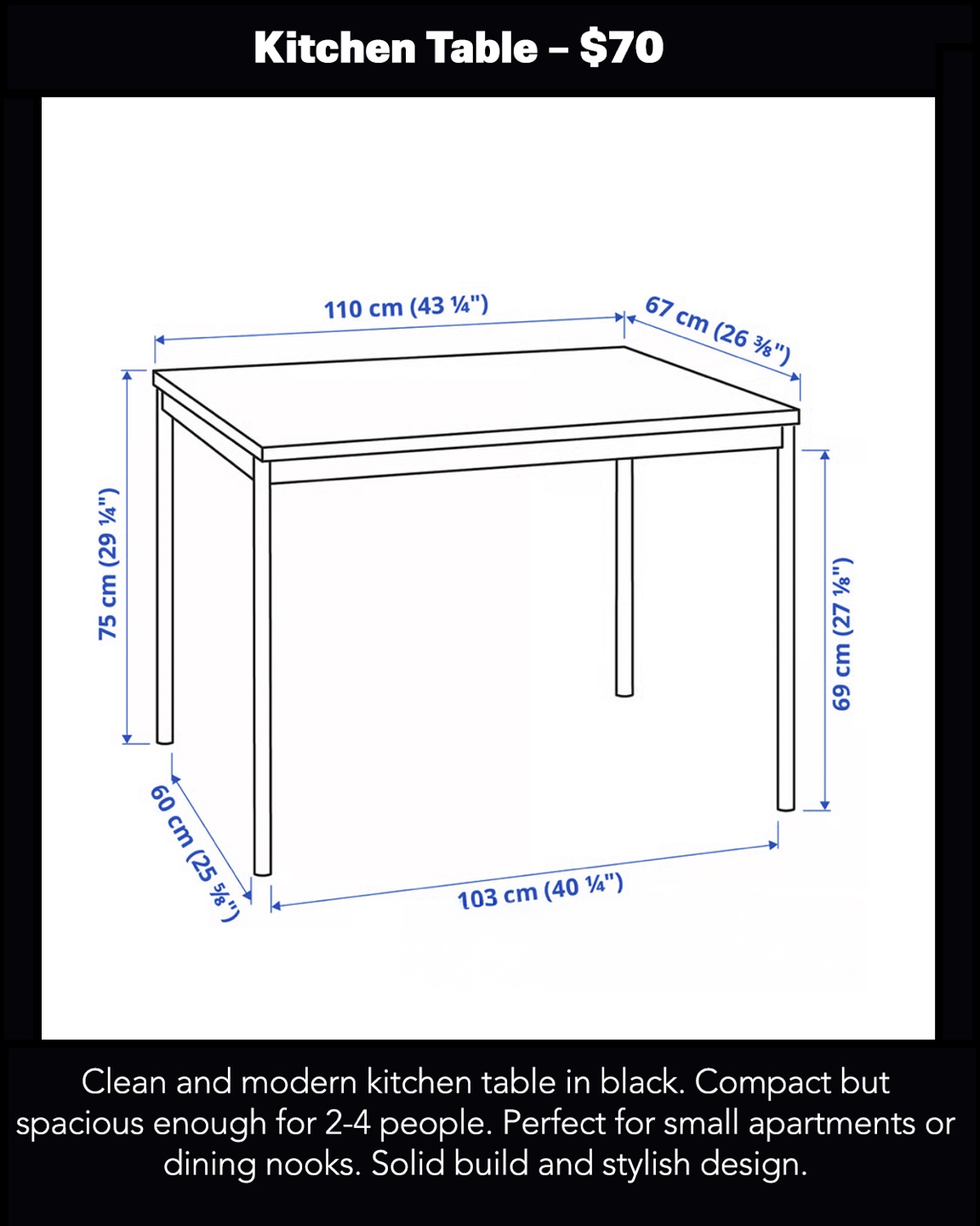 Black Kitchen Table - 43"x26" - photo 2