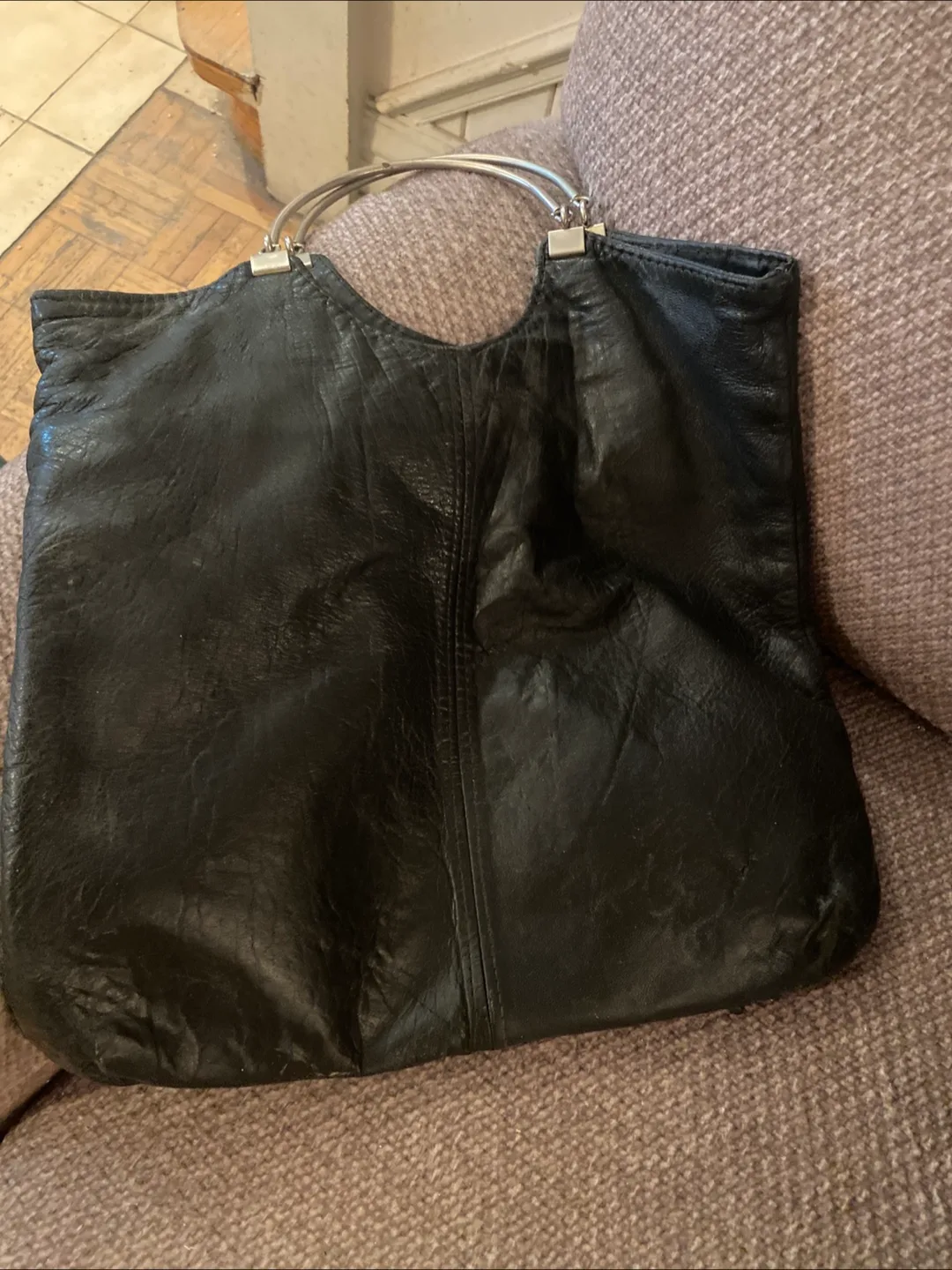 Black Leather Tote Bag with Silver Handles