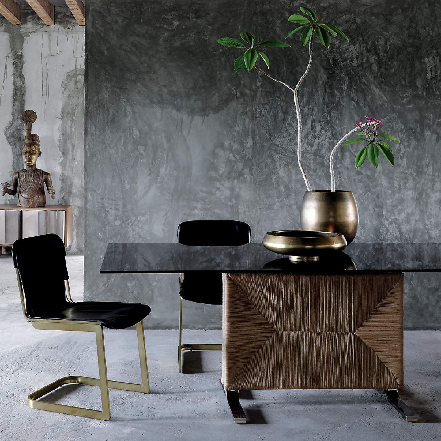 CB2 Pair of two Black leather Chairs By Kravitz Design
