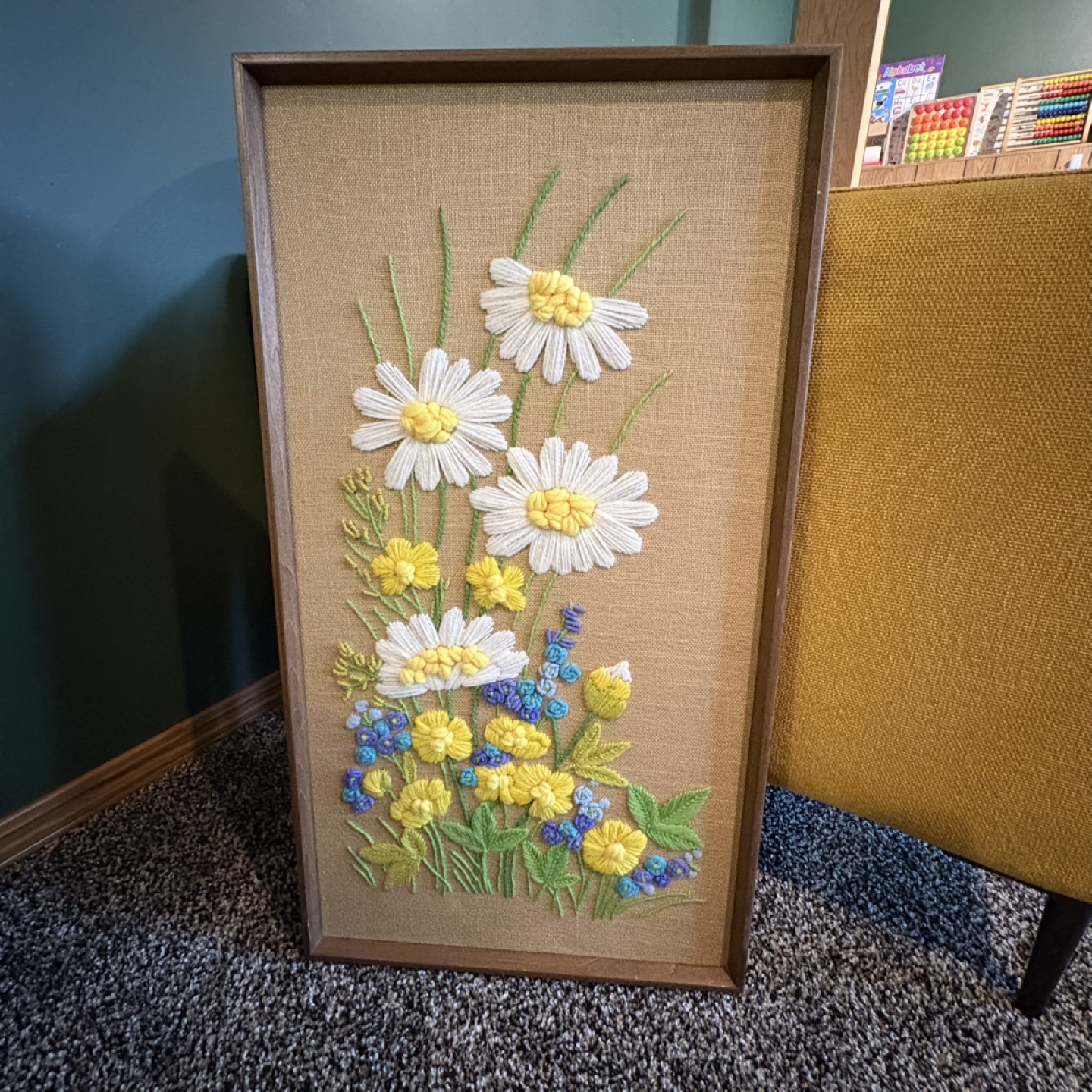 Vintage Framed Embroidered Wool Flower Art - photo 3