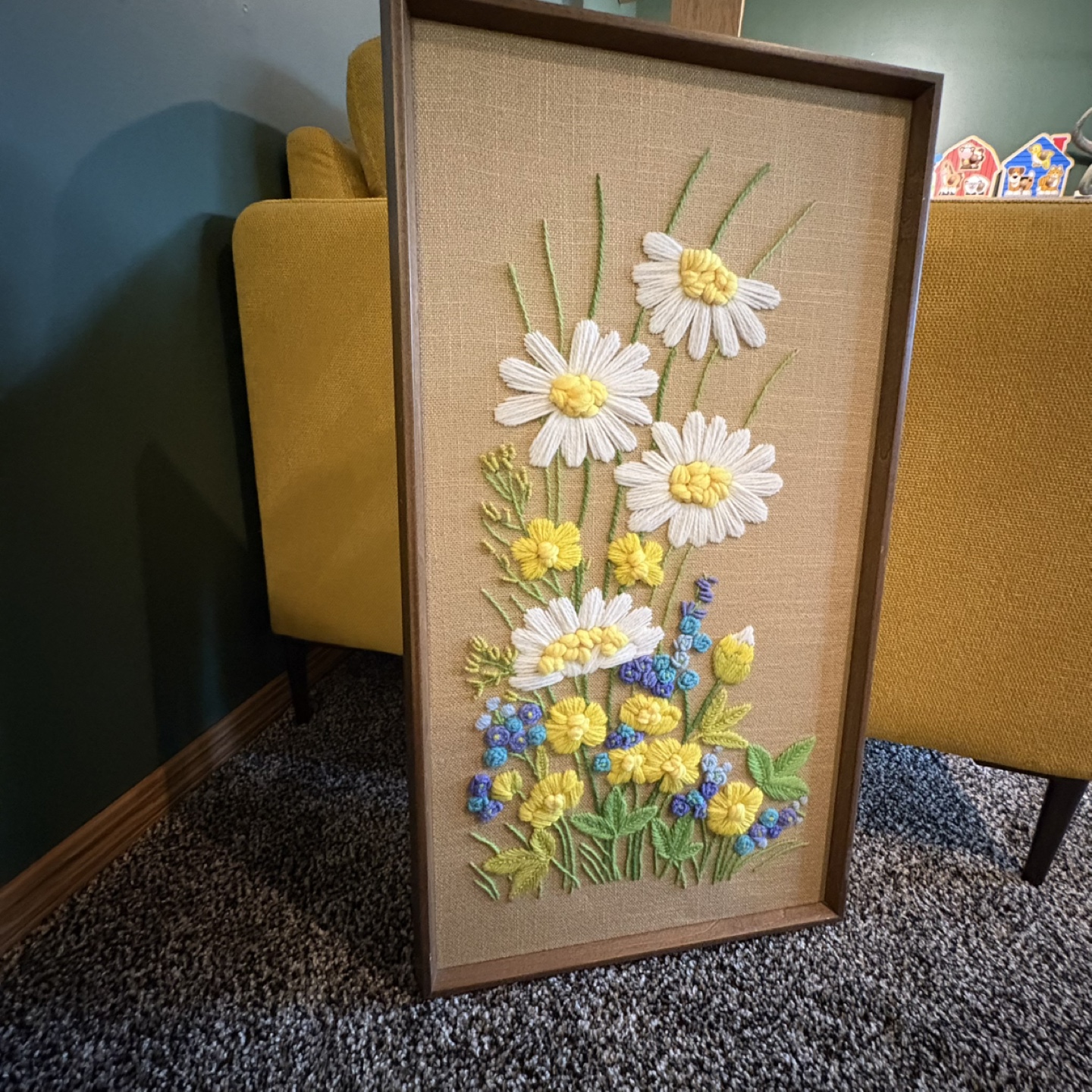 Vintage Framed Embroidered Wool Flower Art - photo 4
