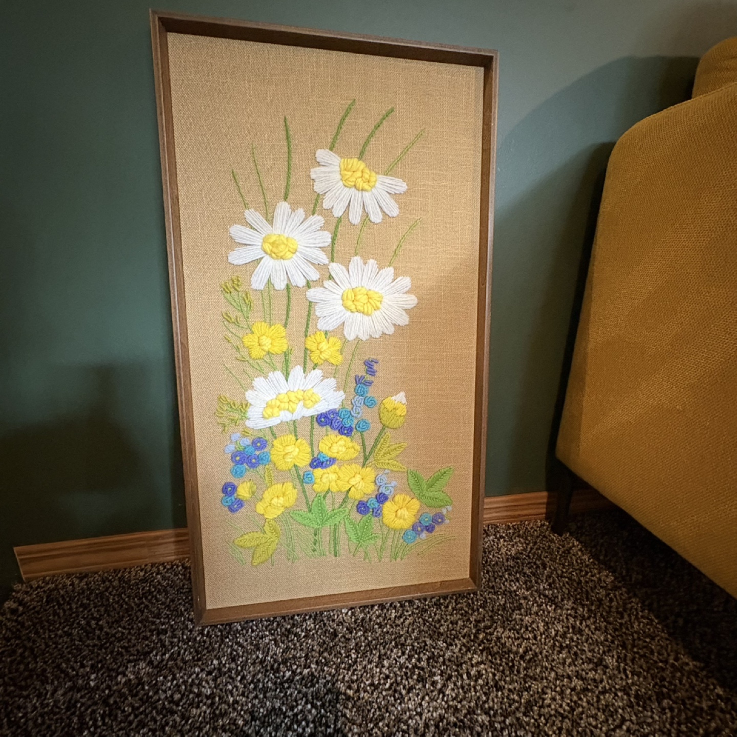 Vintage Framed Embroidered Wool Flower Art
