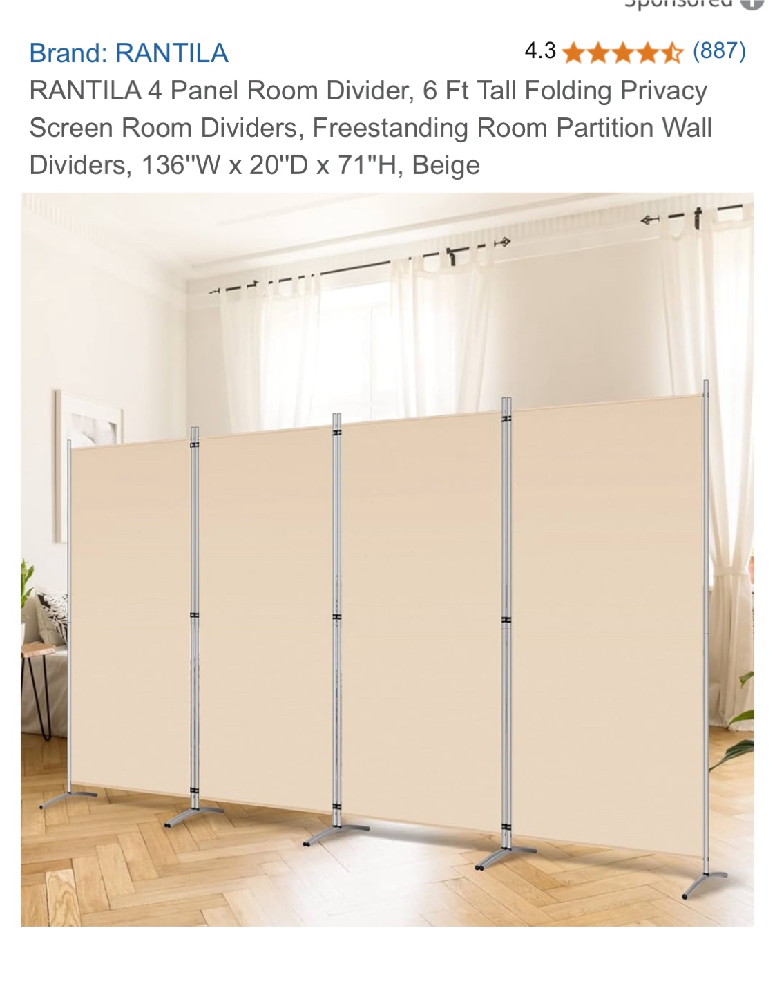 Rantila 4 Panel Room Divider, Beige