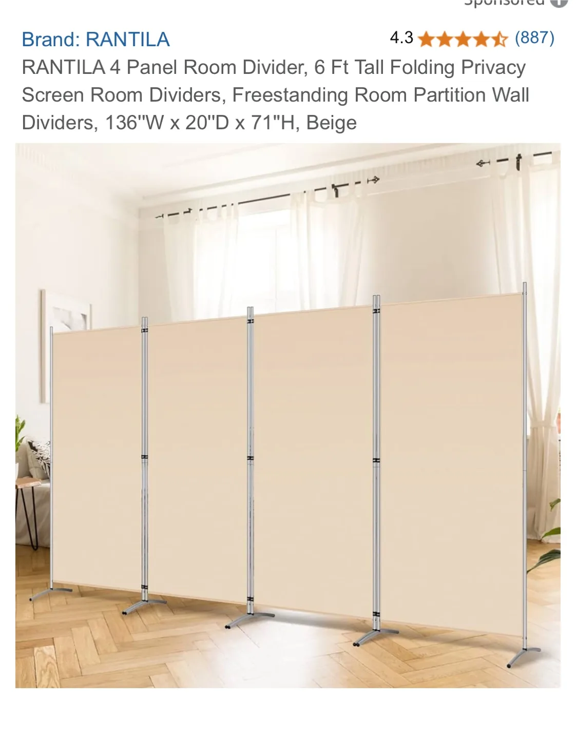 Rantila 4 Panel Room Divider, Beige thumbnail