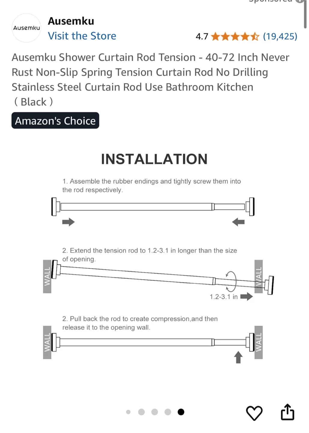 Ausemku Tension Curtain Rod 40-72 Inch image indicator(2)