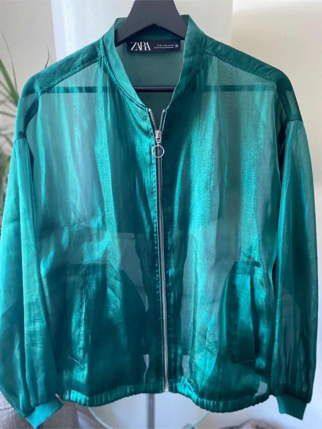 Zara Green Sheer Bomber Jacket - Size M thumbnail