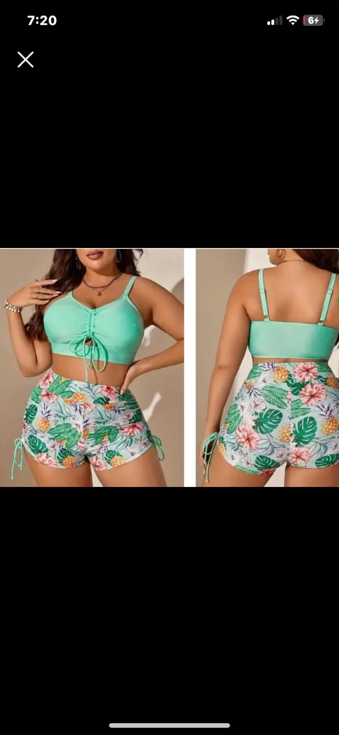 Swimsuit Set - Green Top, Floral Shorts thumbnail