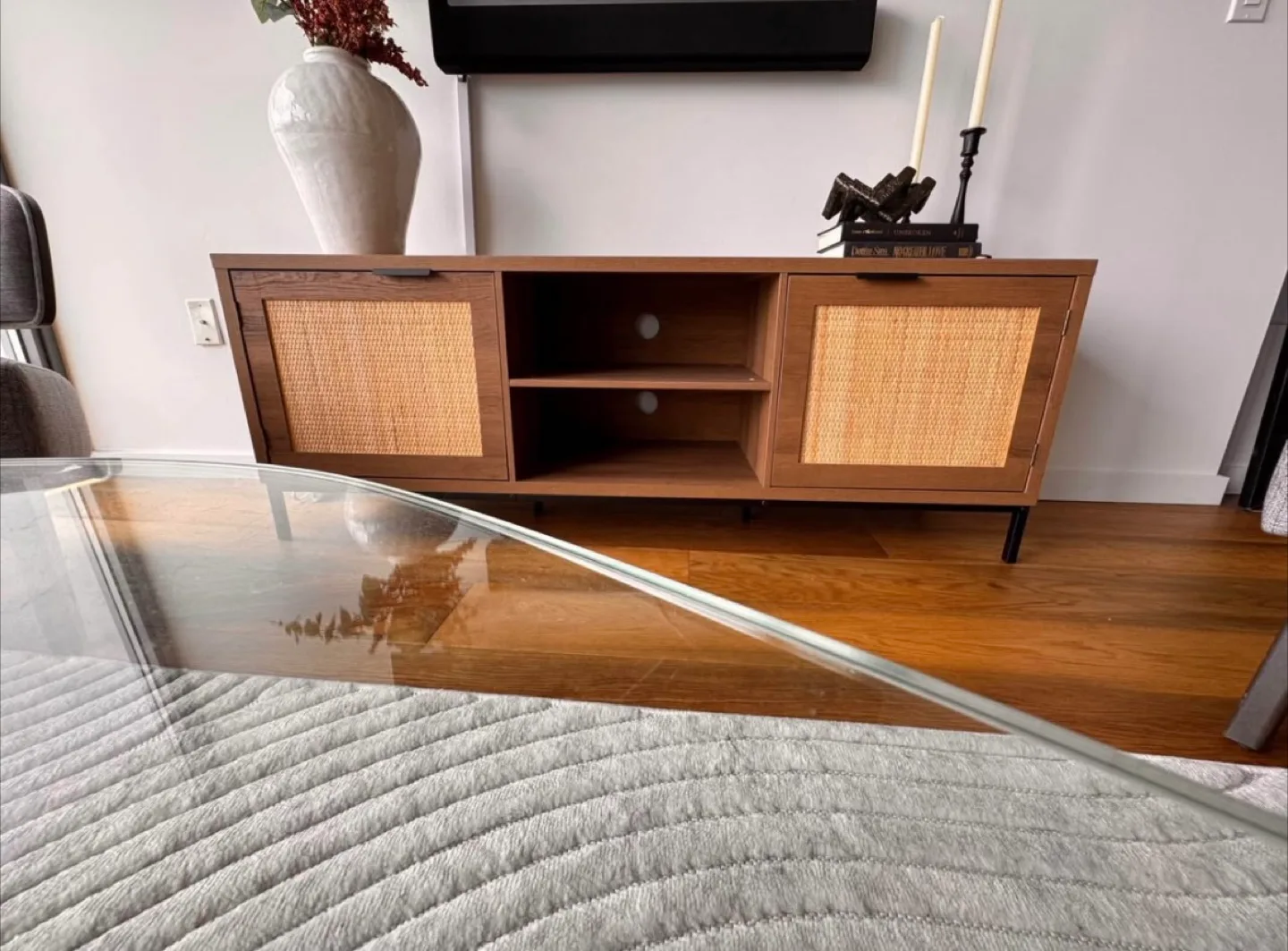 Brown Media Console with Rattan Doors thumbnail