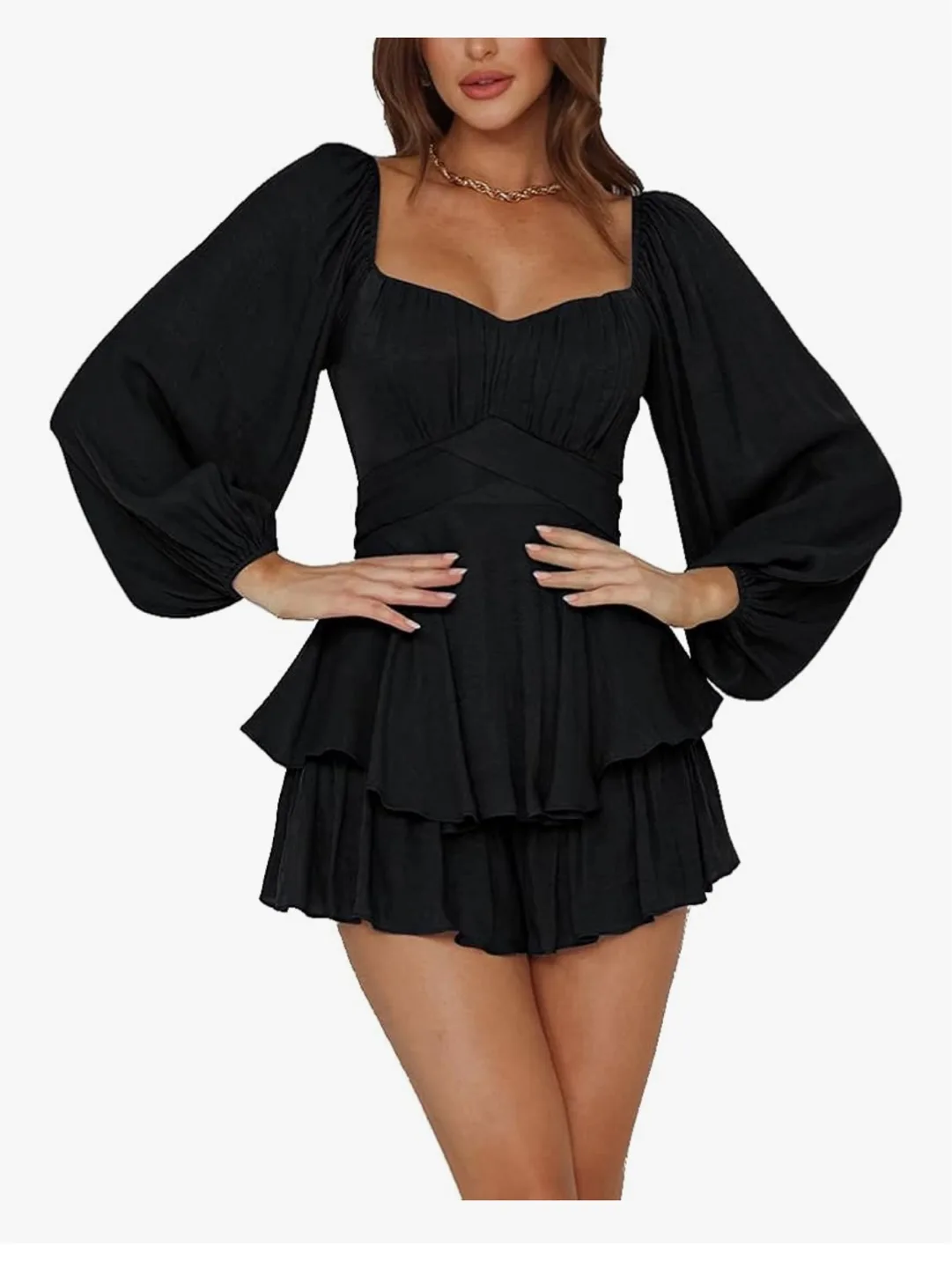Women's Lantern Long Sleeve Ruffle Tie Mini Short Romper Size L thumbnail