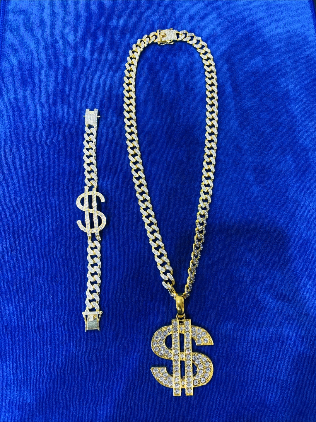 Gold Tone Dollar Sign Chain & Bracelet Set