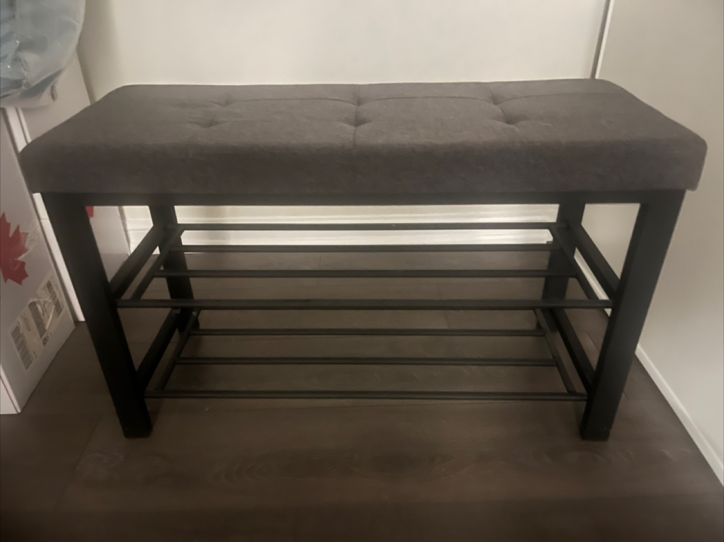 Grey Upholstered Bench with Shoe Rack
