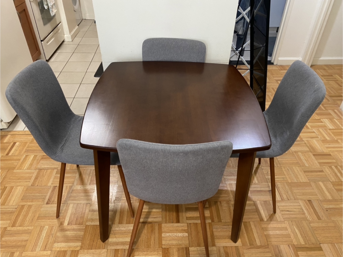Square Dark Wood Dining Table & 4 Gray Chairs