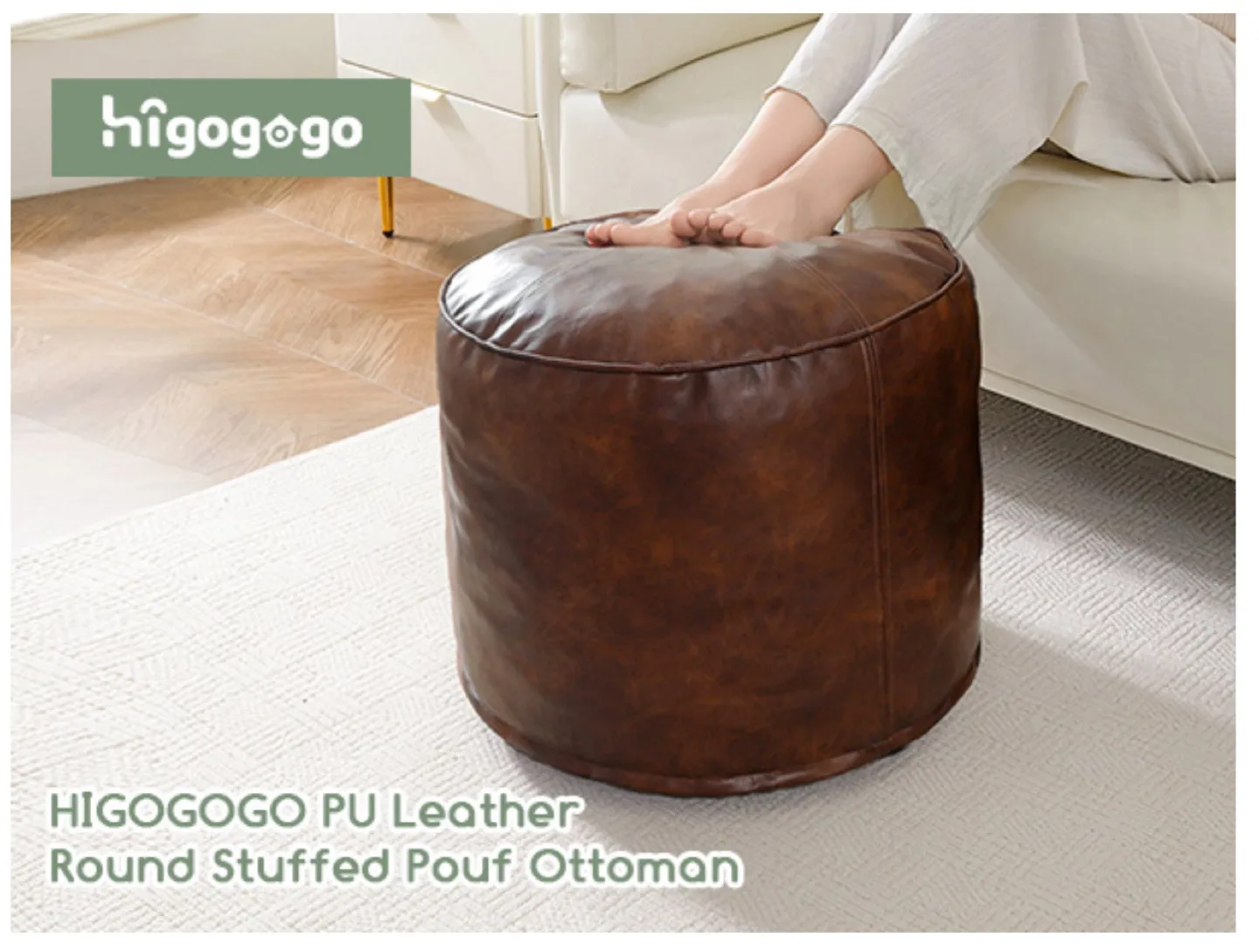 Higogogo PU Leather Round Stuffed Pouf Ottoman - Brown thumbnail