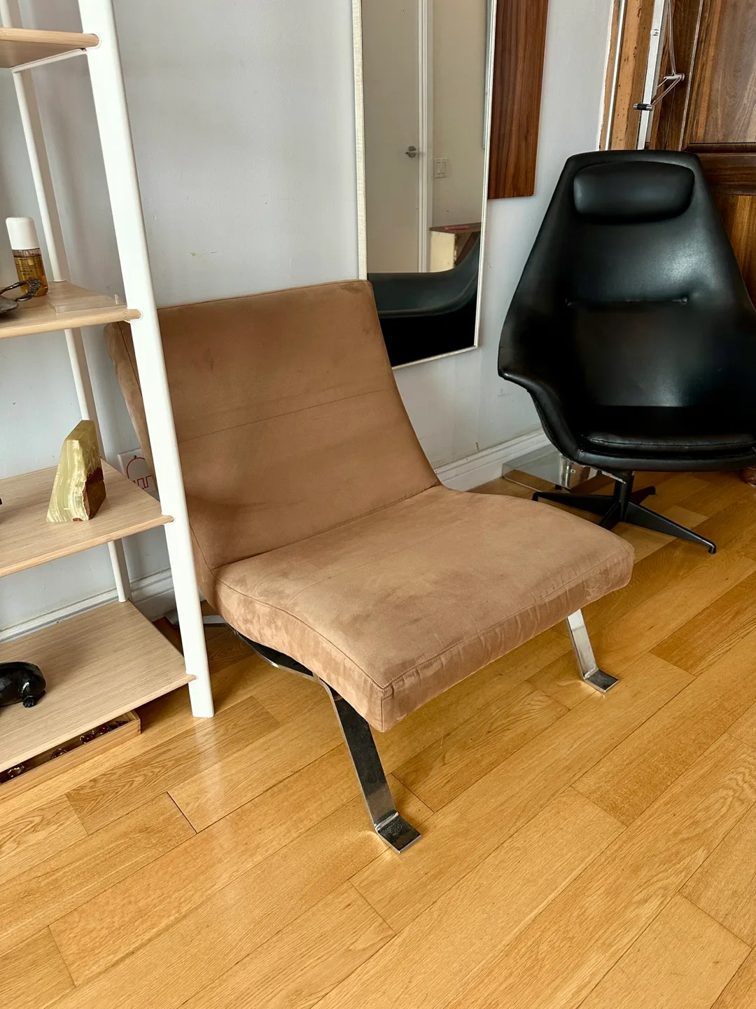 MODERNIST CHROME & TAN SUEDE MICROFIBRE LOUNGE CHAIR MOD LOUNGER thumbnail