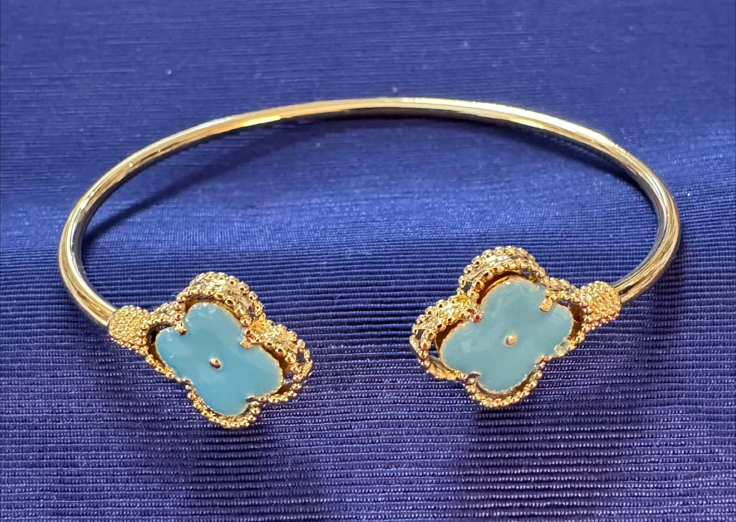 14K plated 2 Clover Bangle HANDMADE w Sky Blue Enameling image indicator(2)