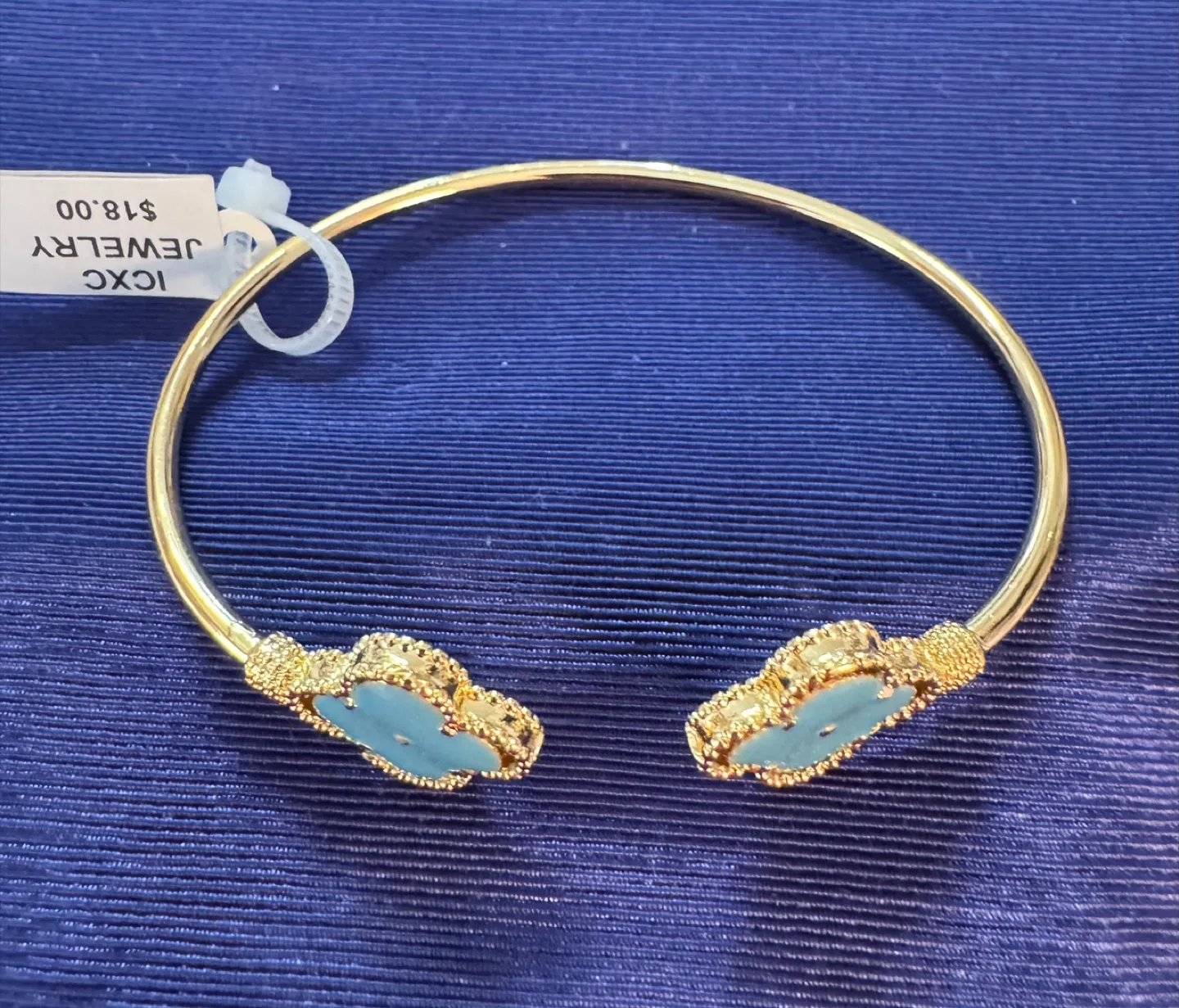 14K plated 2 Clover Bangle HANDMADE w Sky Blue Enameling image indicator(3)