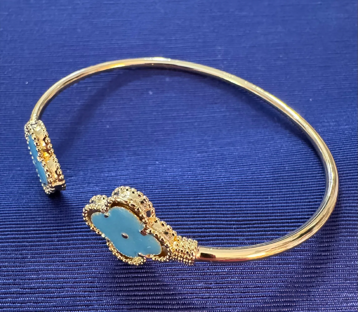 14K plated 2 Clover Bangle HANDMADE w Sky Blue Enameling image indicator(4)