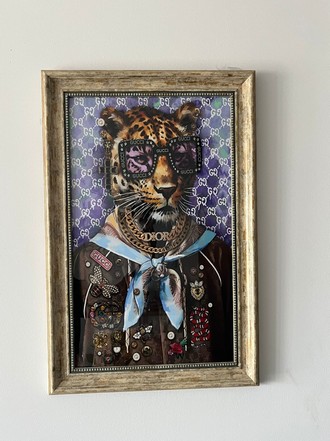 Framed Leopard Art with Gucci & Dior Details