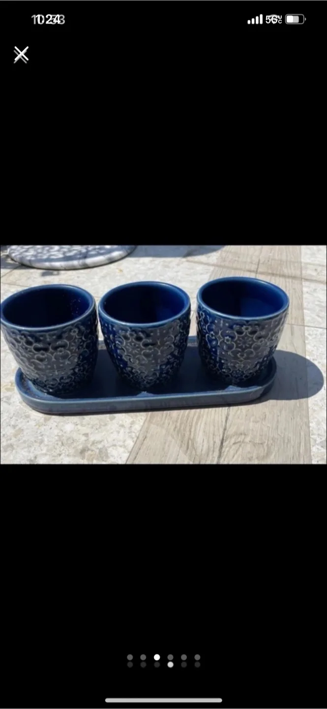 Blue Ceramic Planter Set - 3 Pots with Tray thumbnail