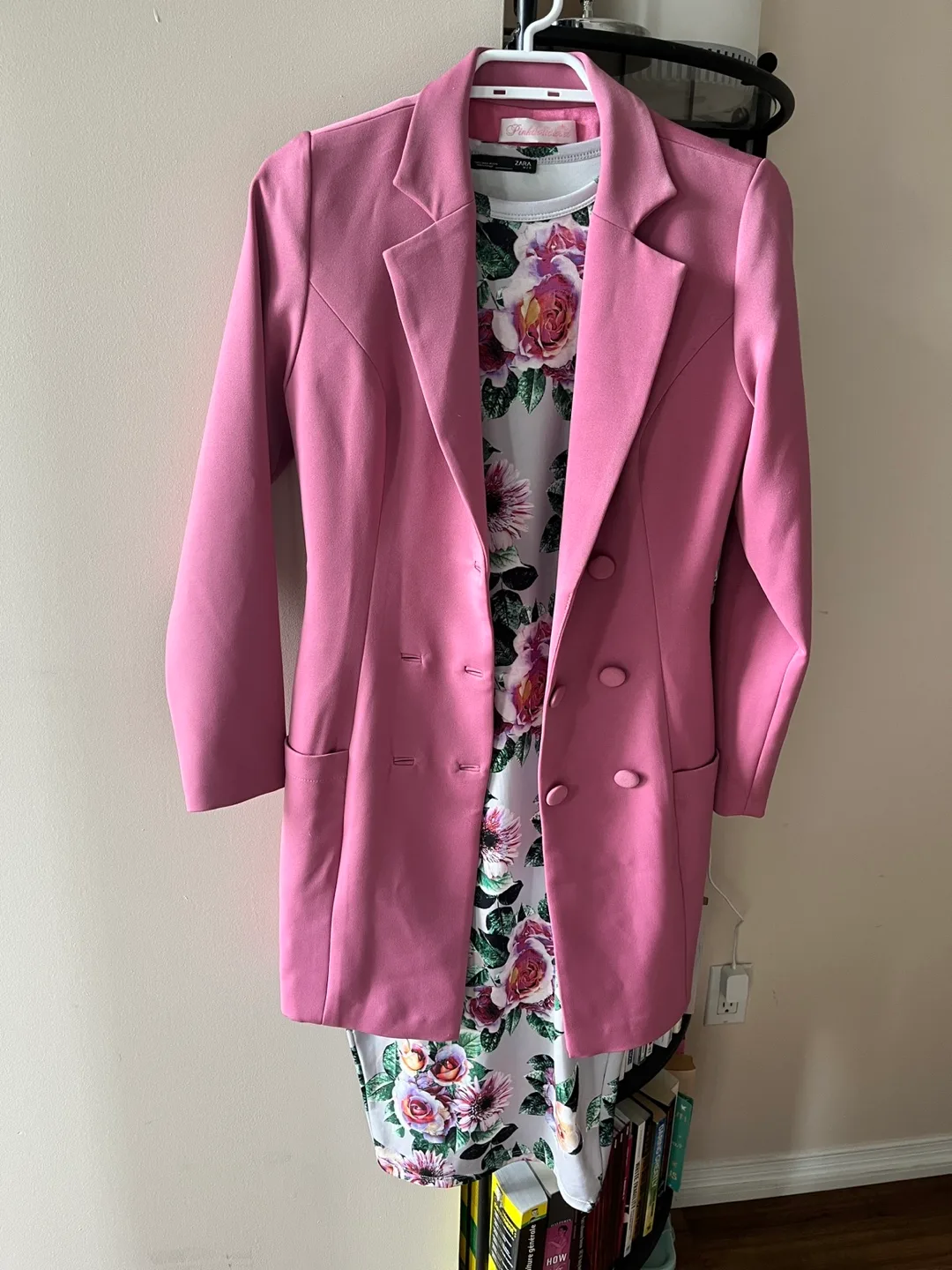 Zara Floral Bodycon Dress & Pink Blazer Size Small thumbnail