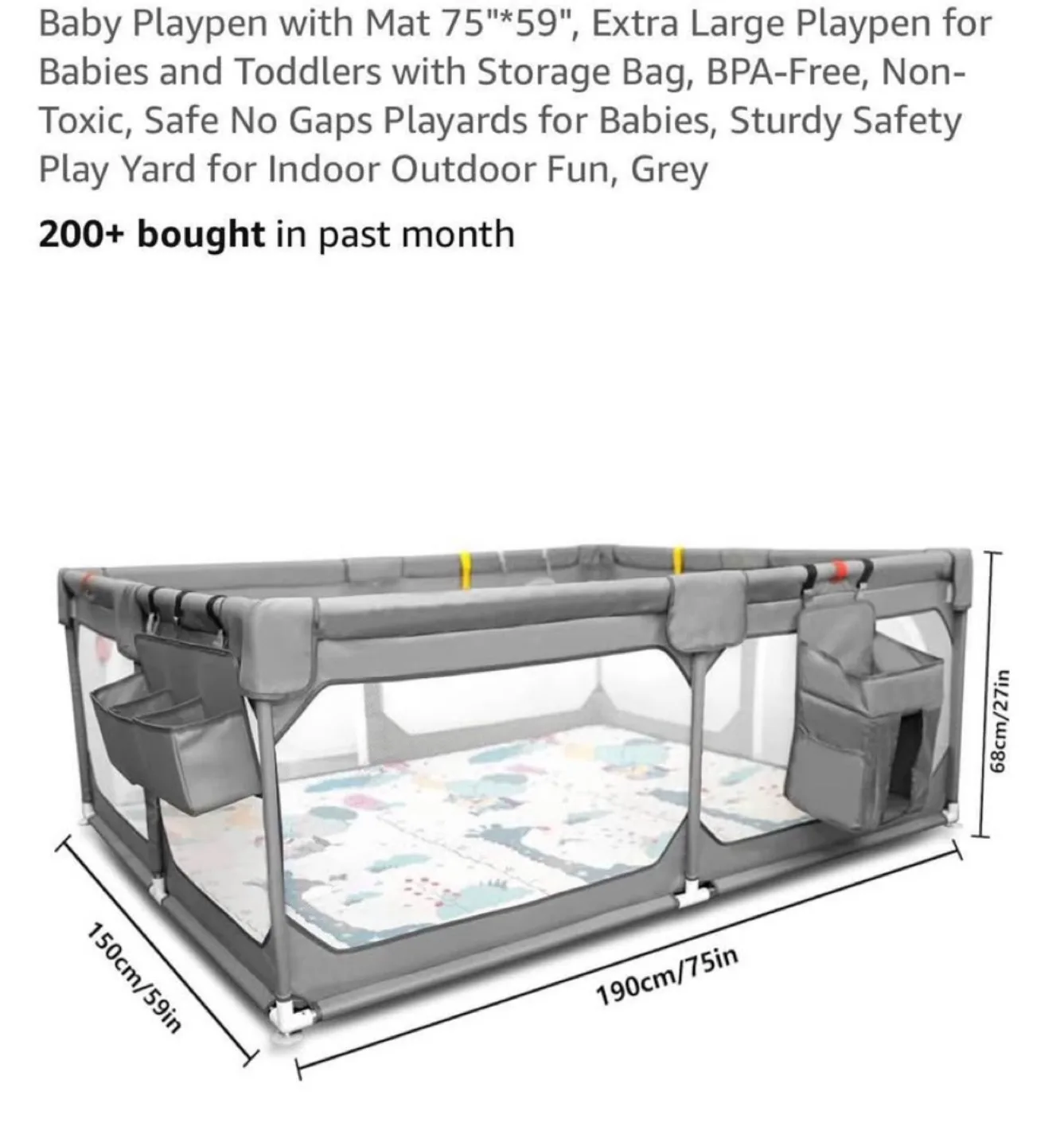 Baby Playpen with Mat 75"*59" Grey thumbnail