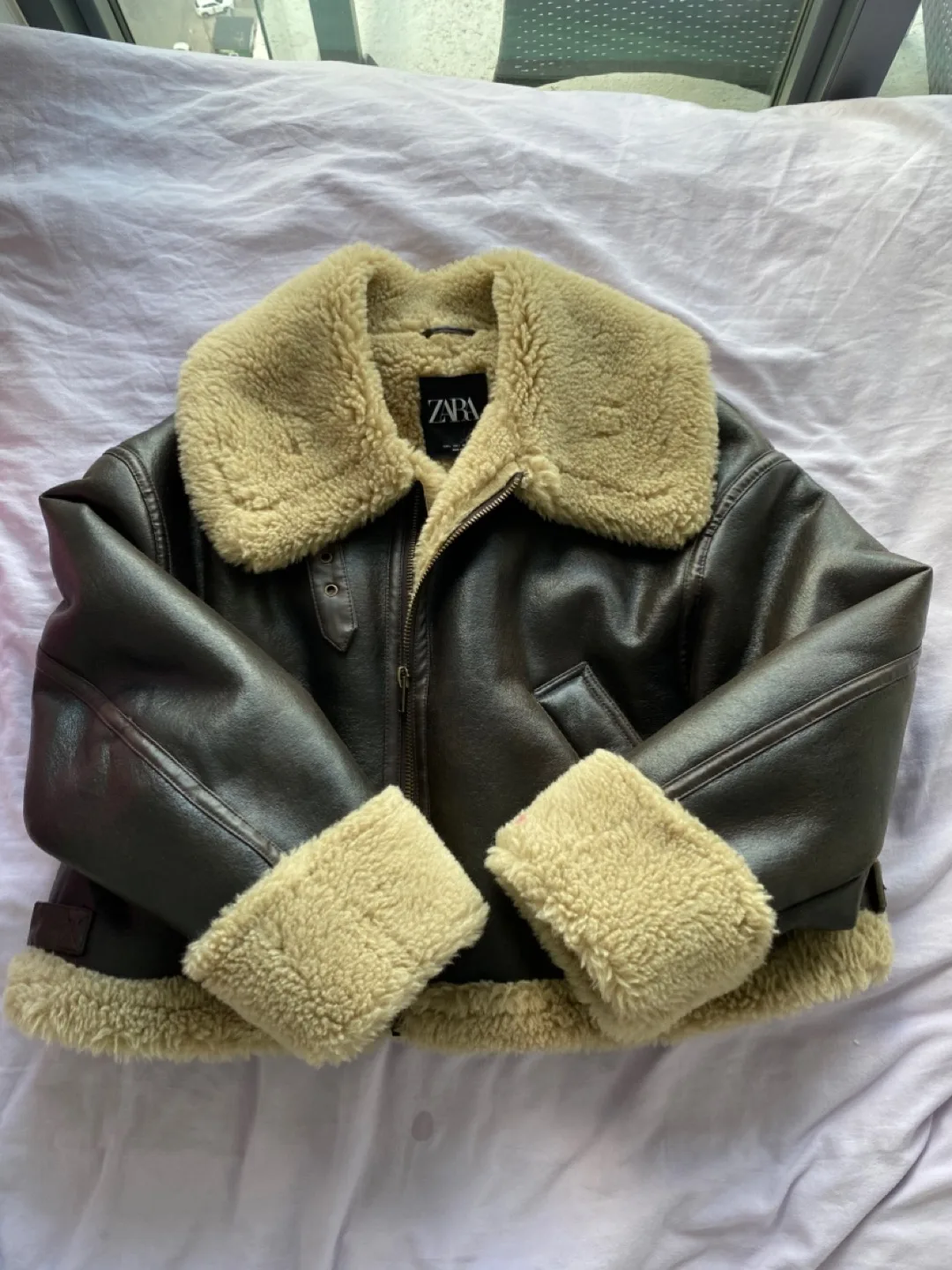Zara Brown Leather aviator Jacket thumbnail