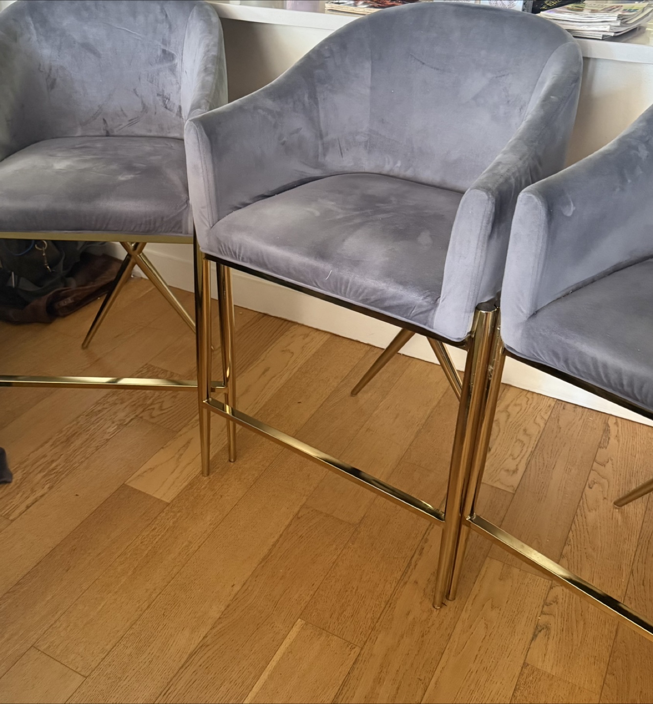 Set of 3 Grey Velvet Bar Stools