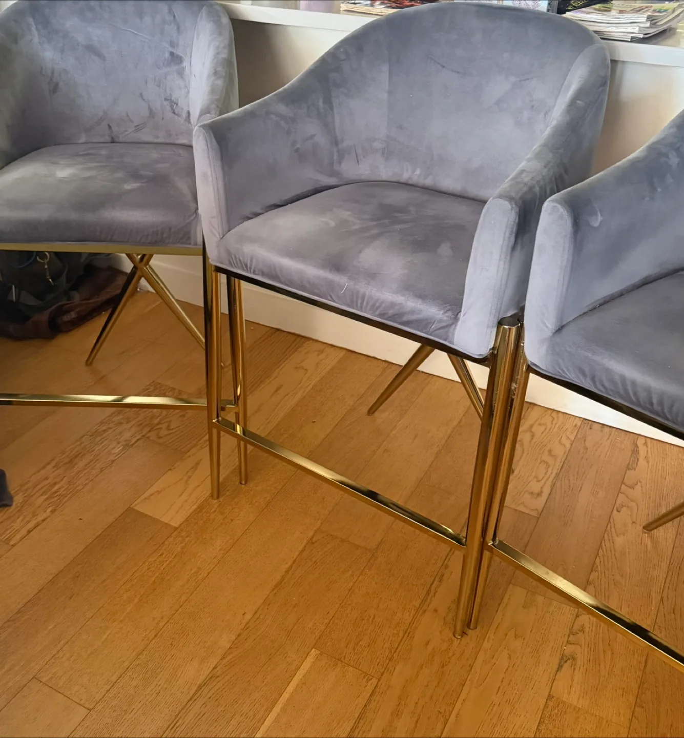 Set of 3 Grey Velvet Bar Stools thumbnail