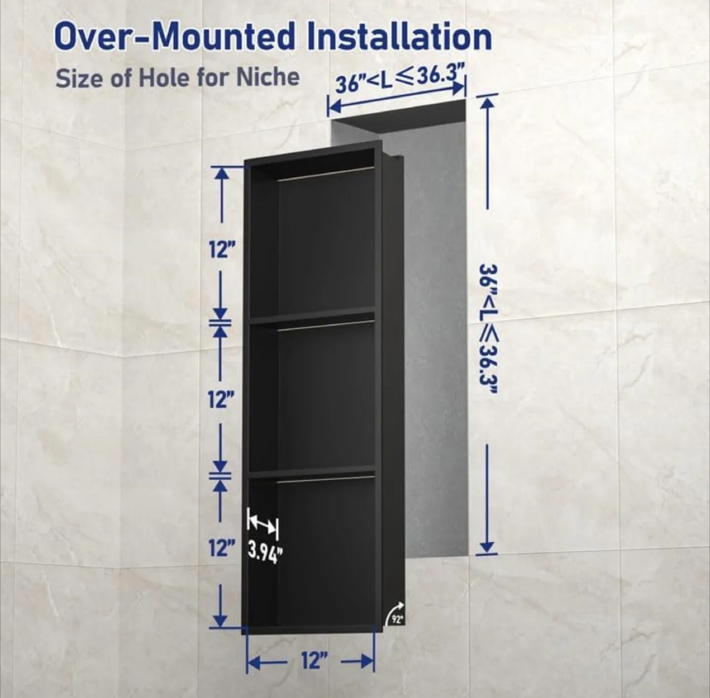 Black Shower Niche - 36" x 12" image indicator(4)
