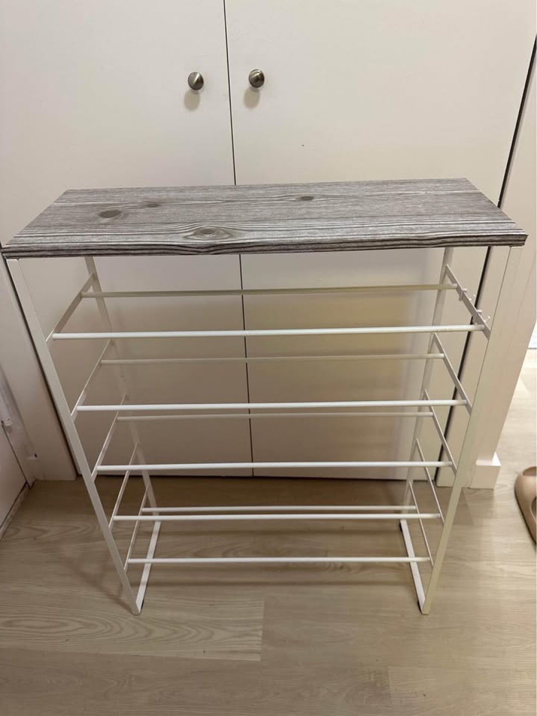 White metal and wood shoe rack / entry table