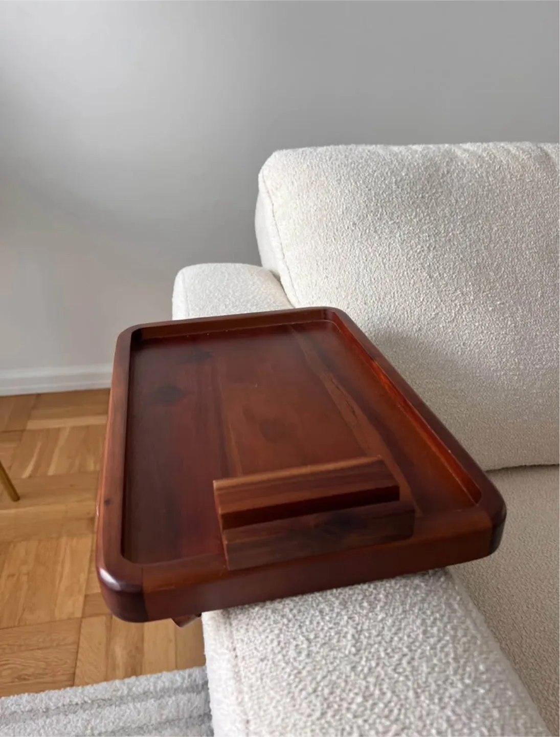Wood sofa armrest tray with phone holder thumbnail