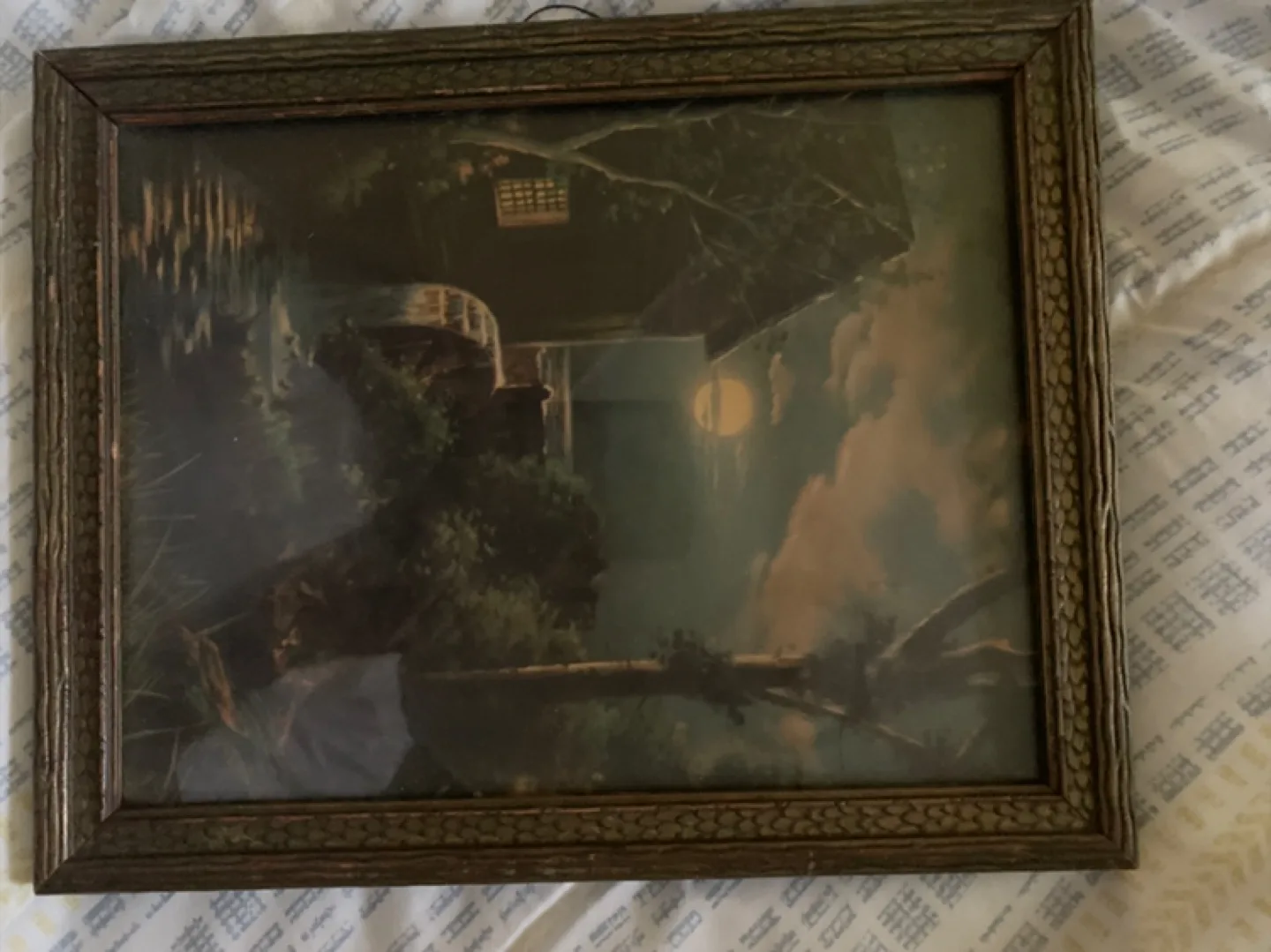 Old print of grist mill at night thumbnail