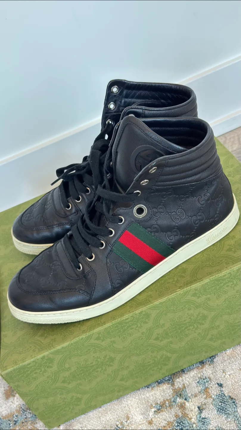 GUCCI Black Guccissima Leather Web Detail High Top Sneakers thumbnail