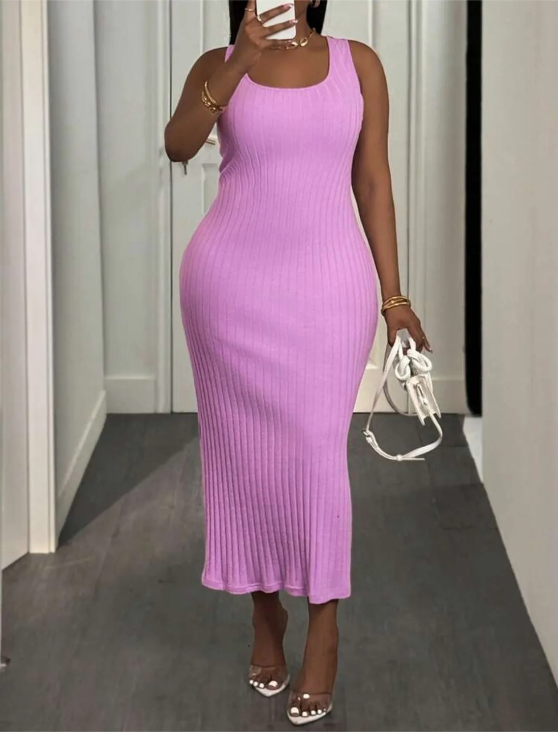 Brand New - Lilac Ribbed Knit Bodycon Midi Dress 1XL thumbnail