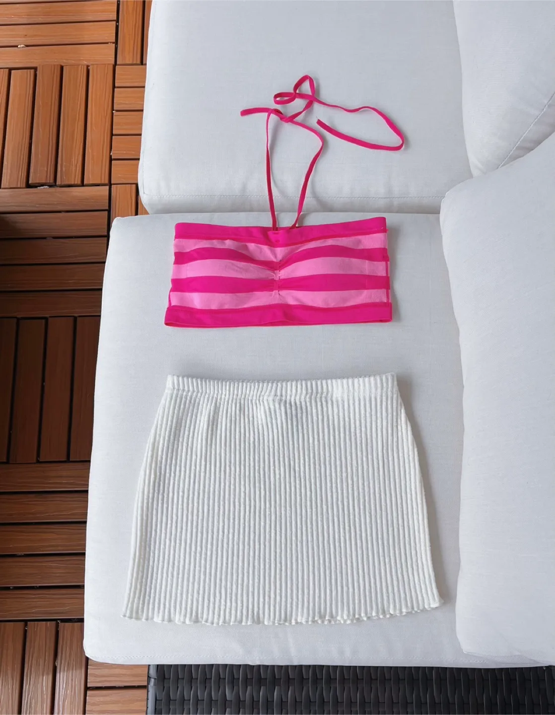 Pink Striped Top & White Skirt Set- Size S thumbnail