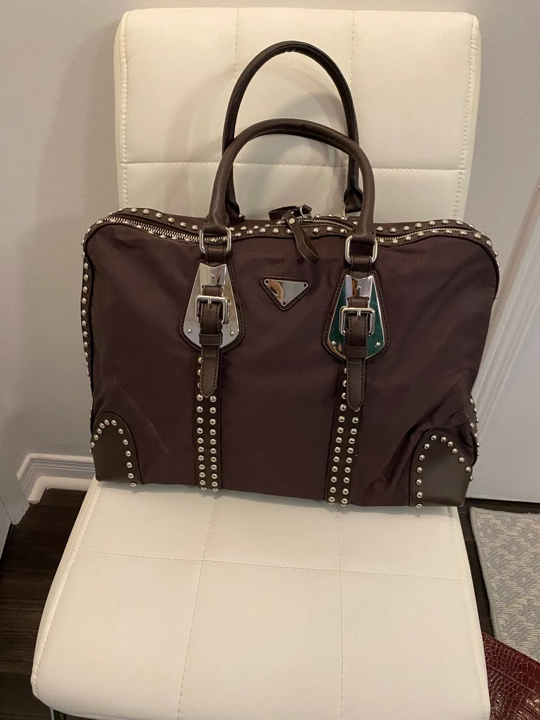 Prada Brown Studded Nylon Handbag thumbnail
