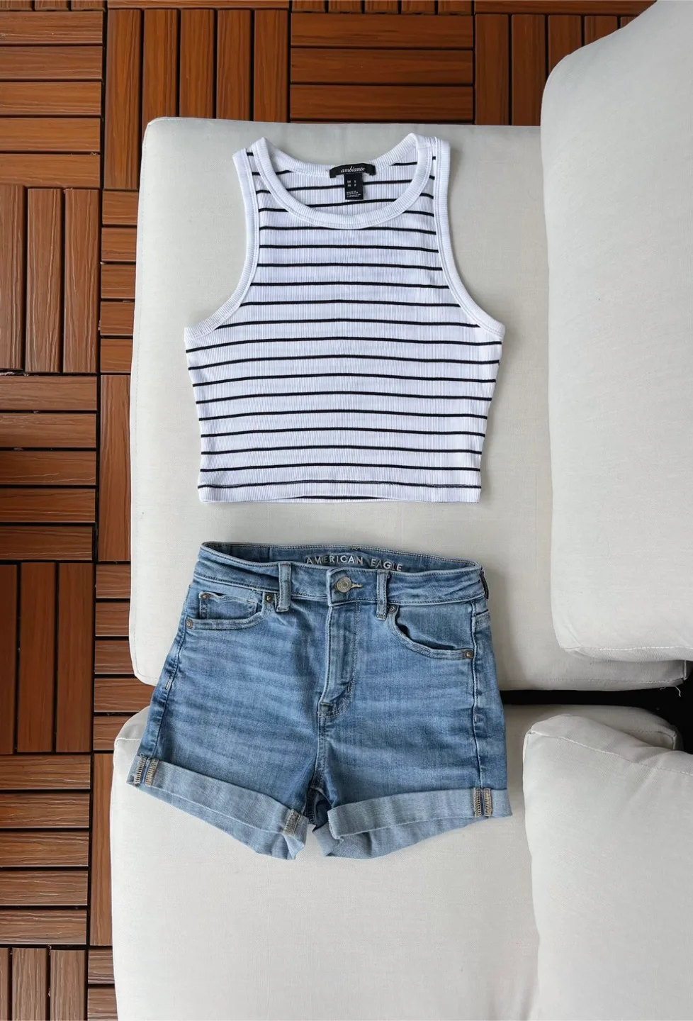 Ambiance Striped Tank Top & AE Denim Shorts set thumbnail