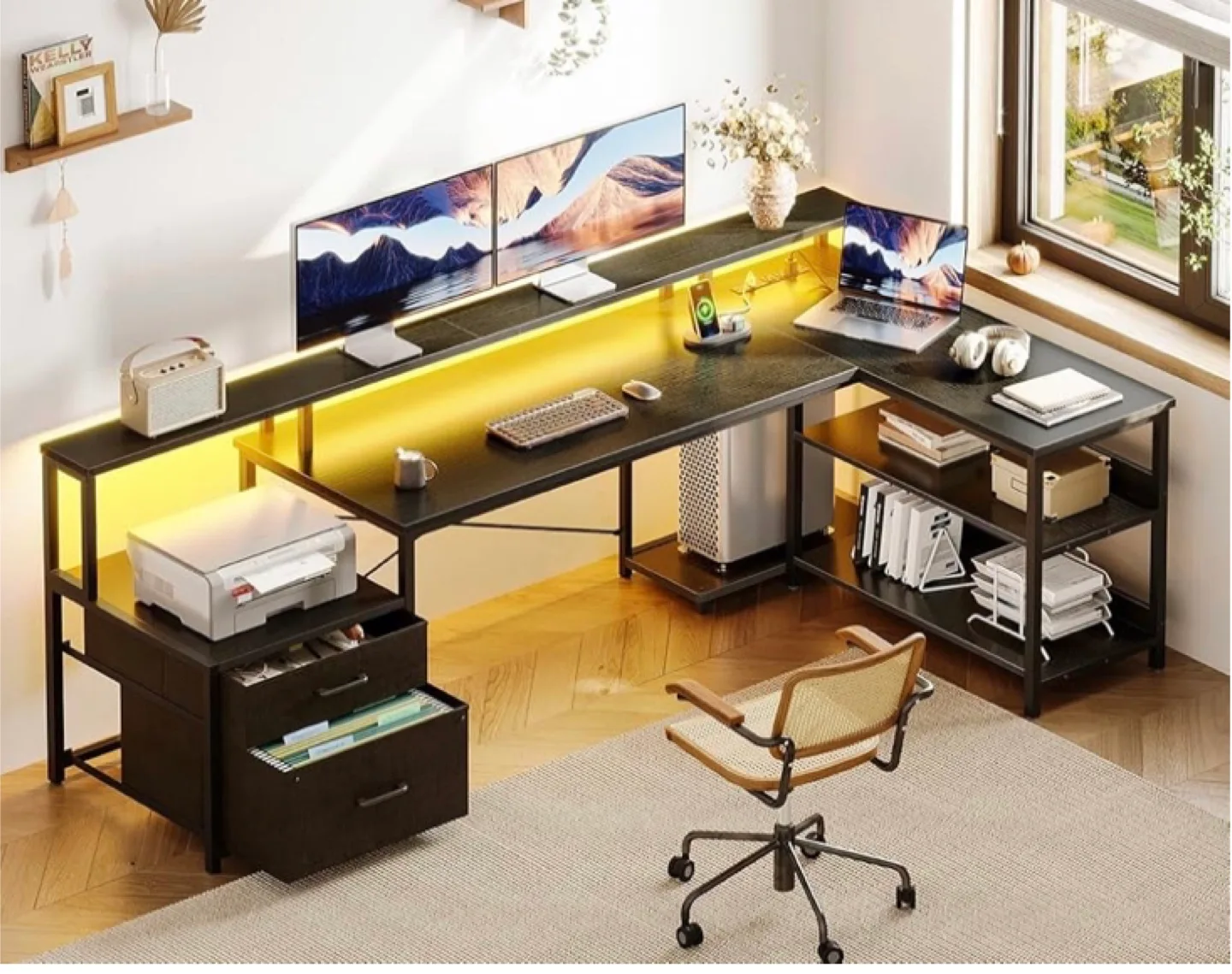 L-Shaped Desk with LED Lights - Black thumbnail