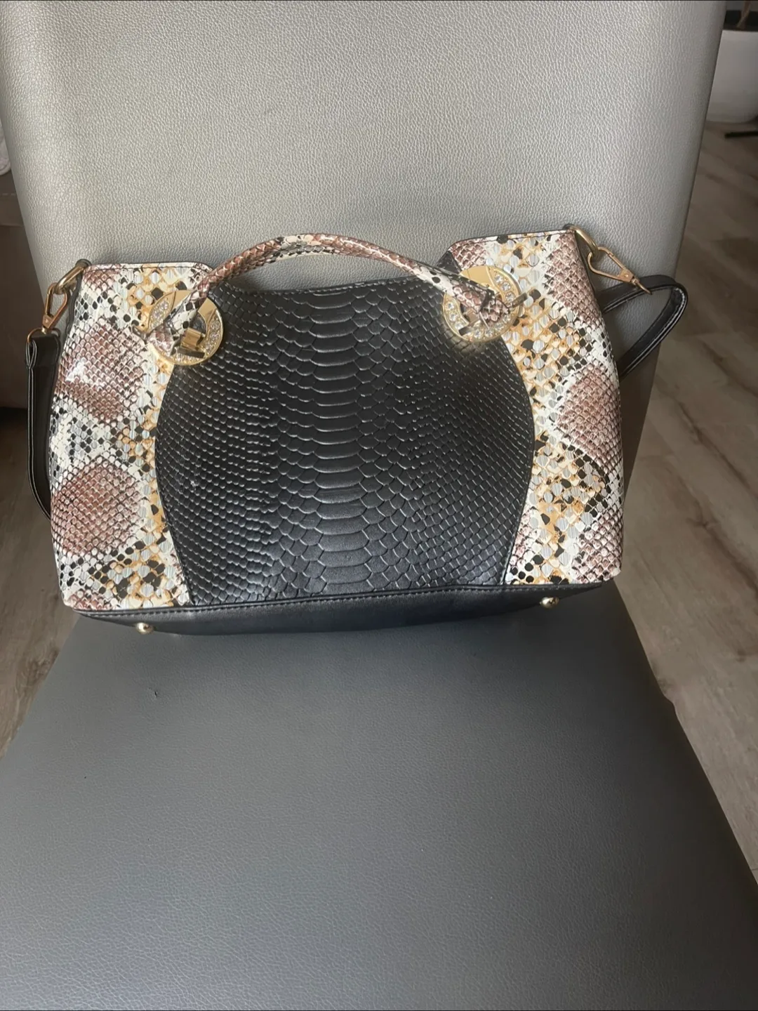 Black Snakeskin Pattern Satchel Handbag thumbnail