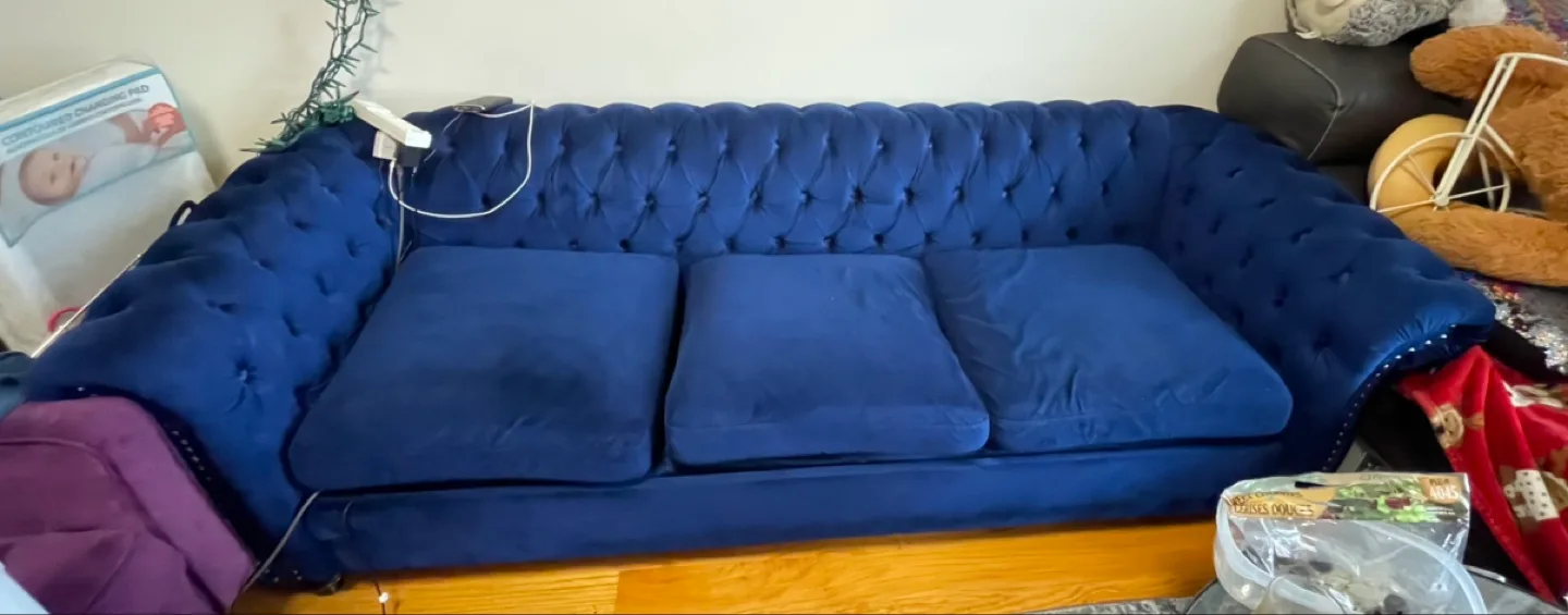🎉MOVING SALE🎉 Blue Velvet Chesterfield Style Sofa thumbnail